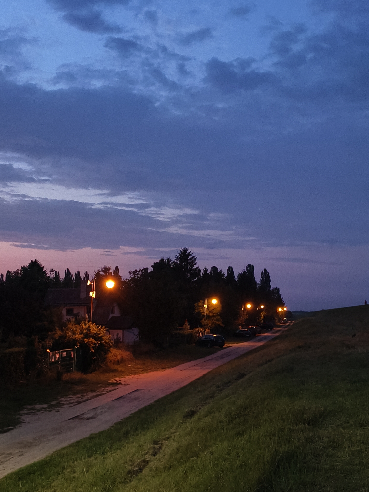 The image depicts a rural-urban interface at dusk, possibly in Tczew, Poland, given the context. A gravel road, illuminated by several streetlights, winds through a landscape dotted with trees and low-rise buildings. The sky above is a deep blue, transitioning to a lighter purple and pink hue near the horizon, with scattered clouds. On the right side of the image, a grassy embankment slopes upwards, and in the distance, silhouetted against the sky, is a lone figure. Several parked cars are visible along the side of the road, suggesting a residential area or a place where people might gather. The overall atmosphere is serene and quiet, characteristic of early evening in a suburban or semi-rural setting.