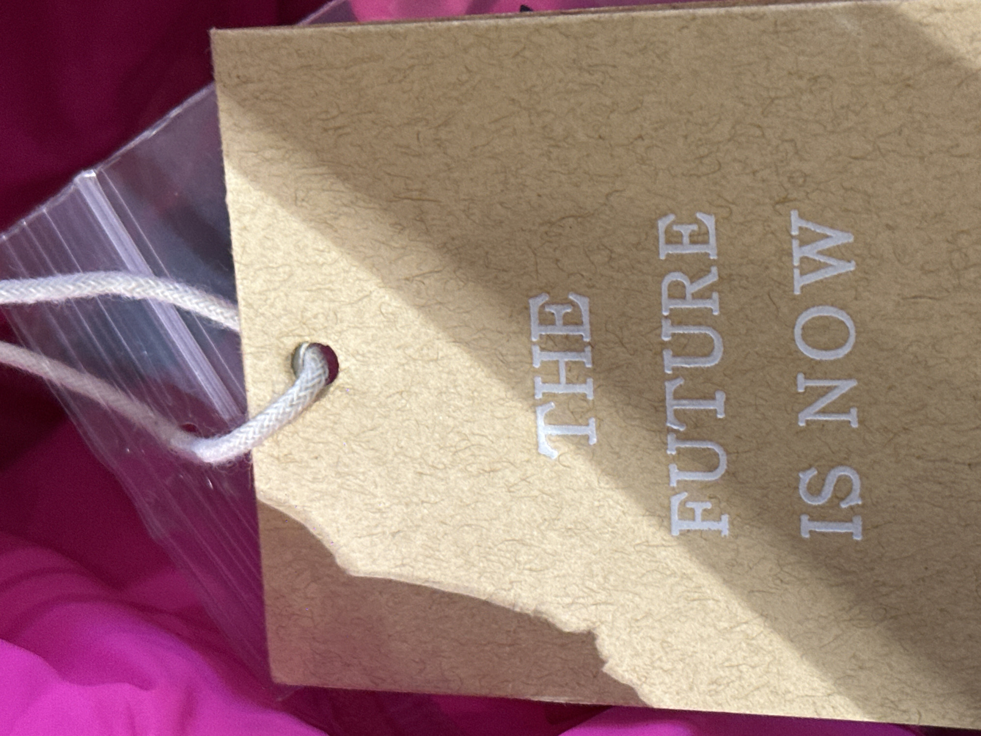 The image shows a tan tag with the phrase "THE FUTURE IS NOW" printed on it in white letters. The tag is attached to a clear plastic bag with a white rope handle. A pink fabric is visible in the background. The location is not discernible from the image.