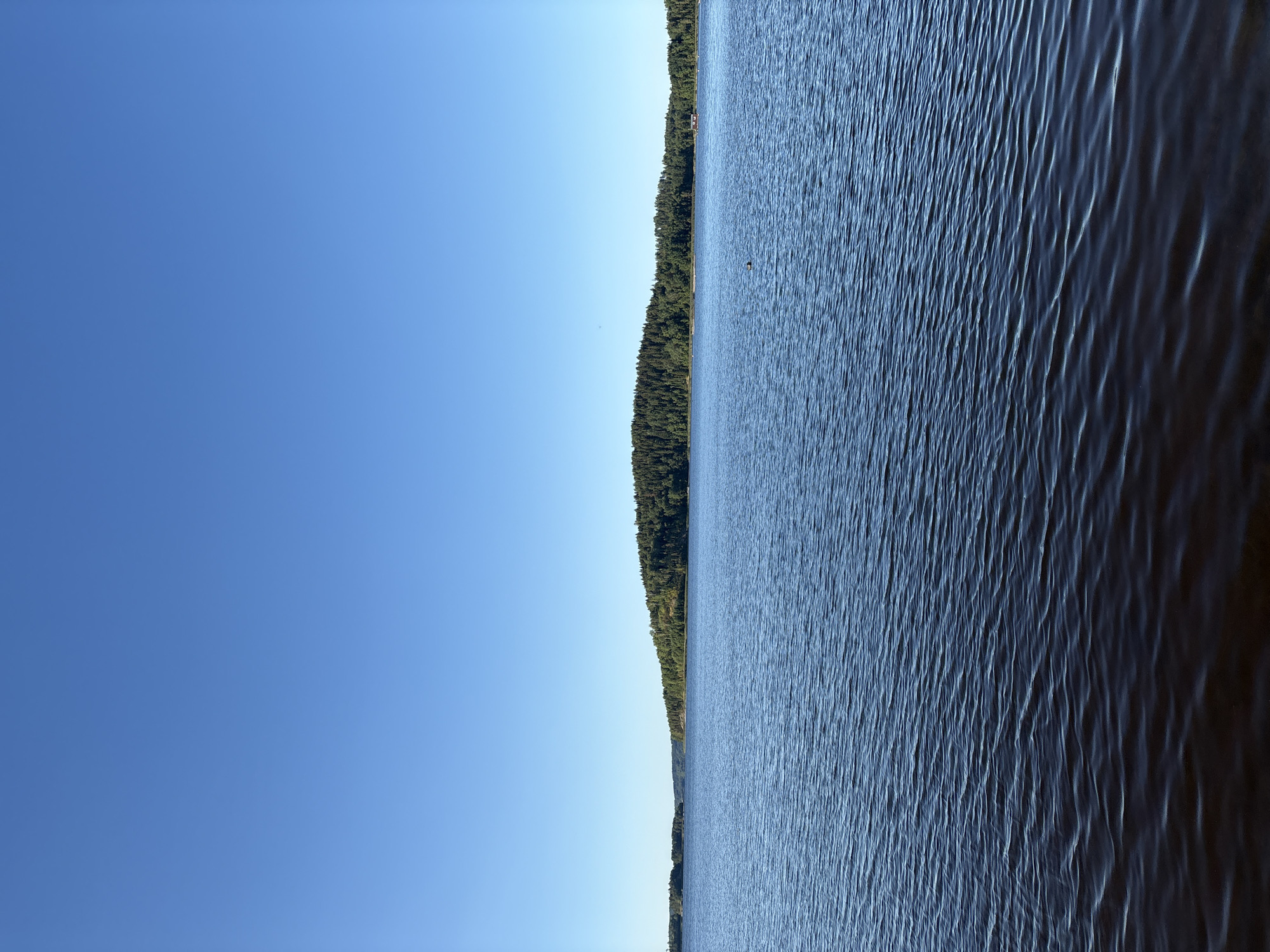 A wide shot captures a serene lake under a clear, bright blue sky. The water is calm with gentle ripples, reflecting the sunlight. In the distance, a tree-covered island with a gentle slope dominates the horizon, bordered by more landmasses. The foreground features dark, calm water. The scene is devoid of people. The location is the lake in Rautalakhti, Russia.