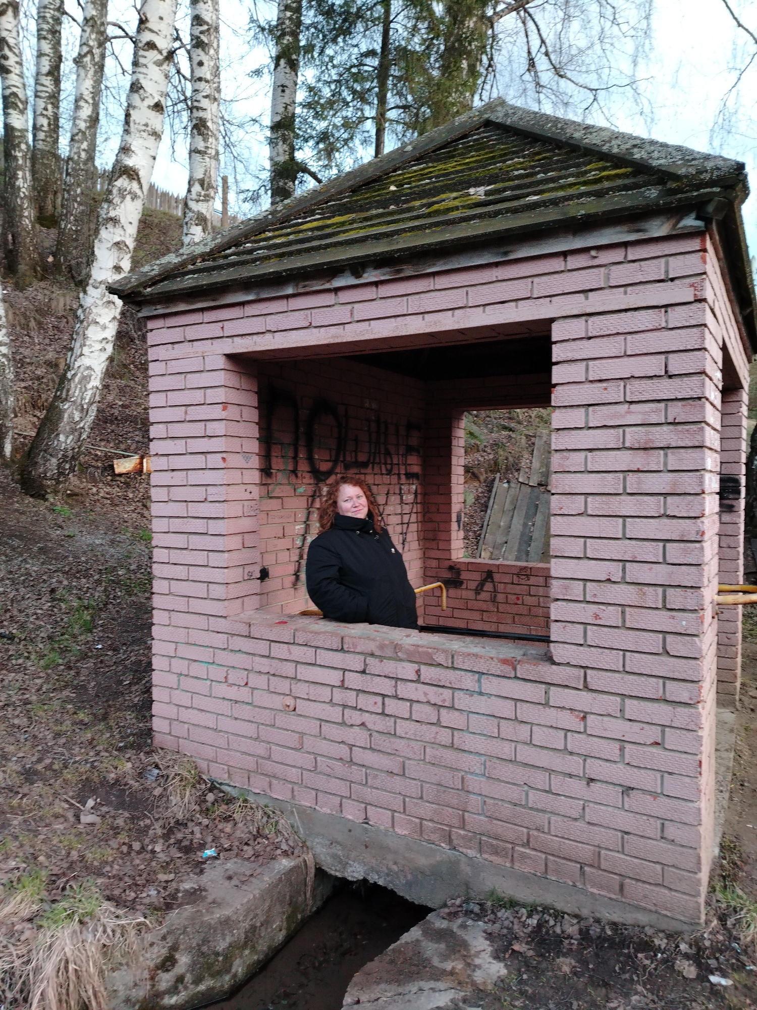 A medium-shot photograph captures a woman sitting in the open window section of a small, weathered brick structure. The woman has reddish, curly hair and is wearing a black puffer jacket, looking towards the camera with a slight, content smile. The brick building is constructed from pale pink bricks, with its interior walls covered in dark graffiti, including partially visible letters spelling "НОРИЛЬСК" (Norilsk).
The structure features a dark, moss-covered roof and appears to be utilitarian, possibly an old shelter or kiosk. It is set outdoors against a backdrop of natural elements. Behind the structure and to the left, several tall birch trees with distinctive white bark stand, their branches bare, suggesting a season of late autumn or early spring. The ground is covered with dried leaves and sparse, dry grass. A narrow stream or drainage ditch runs along the base of the building in the foreground. The lighting is diffused, indicating daytime, possibly an overcast day or late afternoon, contributing to the rustic and slightly desolate atmosphere of the scene.