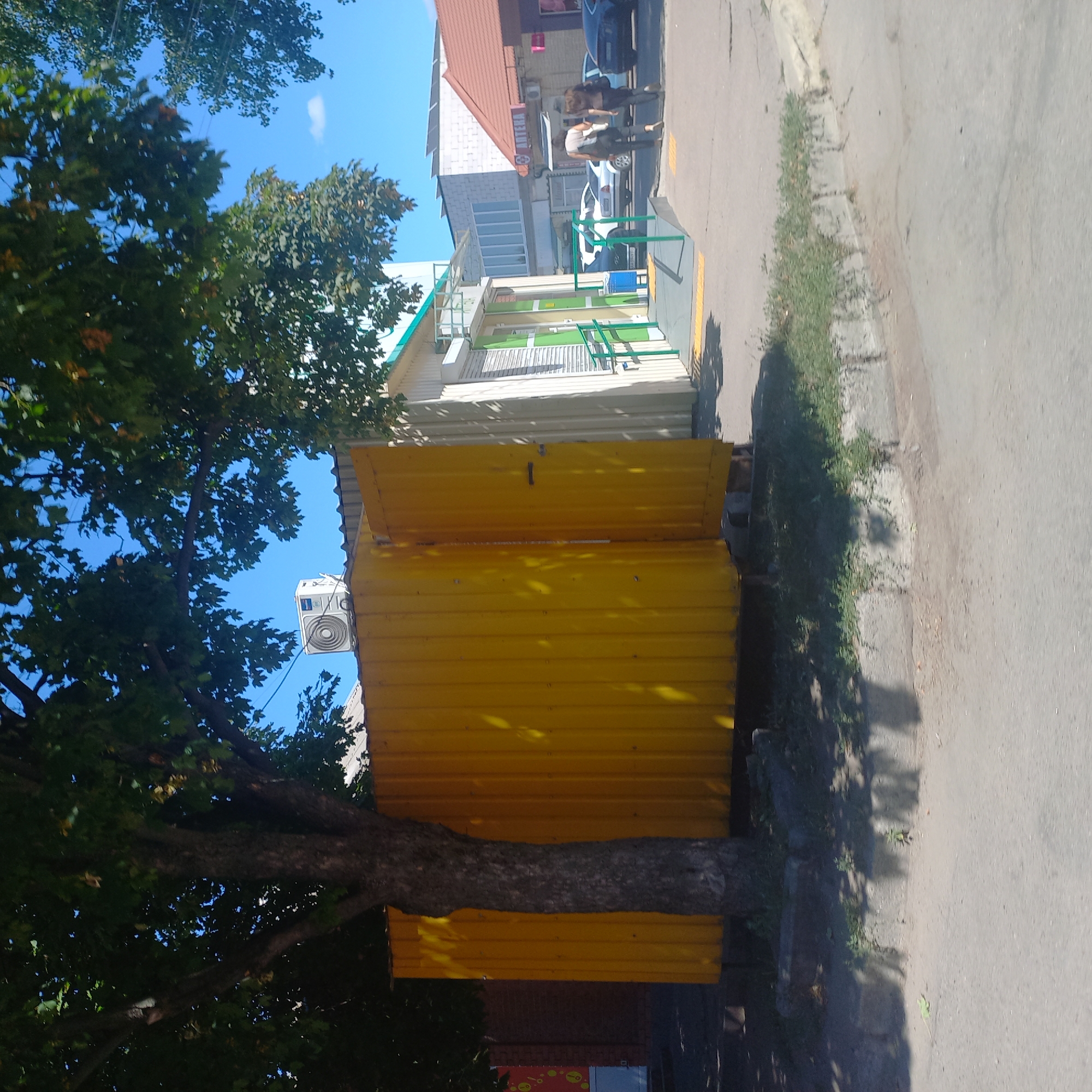 An eye-level, medium outdoor shot shows a brightly colored yellow, corrugated metal kiosk with an open double door on the right side, parked in front of a larger, lighter-colored building. A mature tree with dark bark and lush green leaves partially obscures the left side of the kiosk and the foreground. In the background, a retail establishment with a red roof and the word "АНТЕКA" (which translates to "Pharmacy" in Ukrainian) is visible. Two women are walking away from the camera toward the pharmacy. Several cars are parked on the street in front of the buildings, and the sky is a clear, bright blue. The scene is set on a paved street with a concrete curb and a patch of grass between the curb and the kiosk. The photo was taken on a sunny day, casting distinct shadows. This location is identified as Kropyvnytskyi, Ukraine.