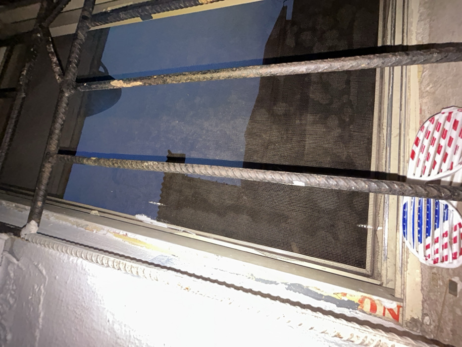 The scene depicts an interior view looking outwards through a secured window in Ilishan, Nigeria. Heavy, weathered rebar security bars with visible corrosion are prominently positioned in the foreground, installed vertically and horizontally across the window opening. Behind the bars, a dark mesh insect screen is partially visible, showing some dislodgement or damage, particularly in its upper portion. Through the screen and window glass, a dark, indistinct exterior environment is visible, possibly suggesting nighttime or a deeply shadowed area. Faint reflections with a bluish tint are present on the glass. A dark, corrugated-like structure is faintly discernible through the screen. Below the window, on an interior sill or ledge, two pairs of slatted novelty sunglasses are placed: one with red, white, and blue stripes, and the other with red and white stripes. To the immediate left of the window frame, a light-colored wall exhibits peeling paint and remnants of red-orange markings. No individuals, actions, or interactions are depicted.