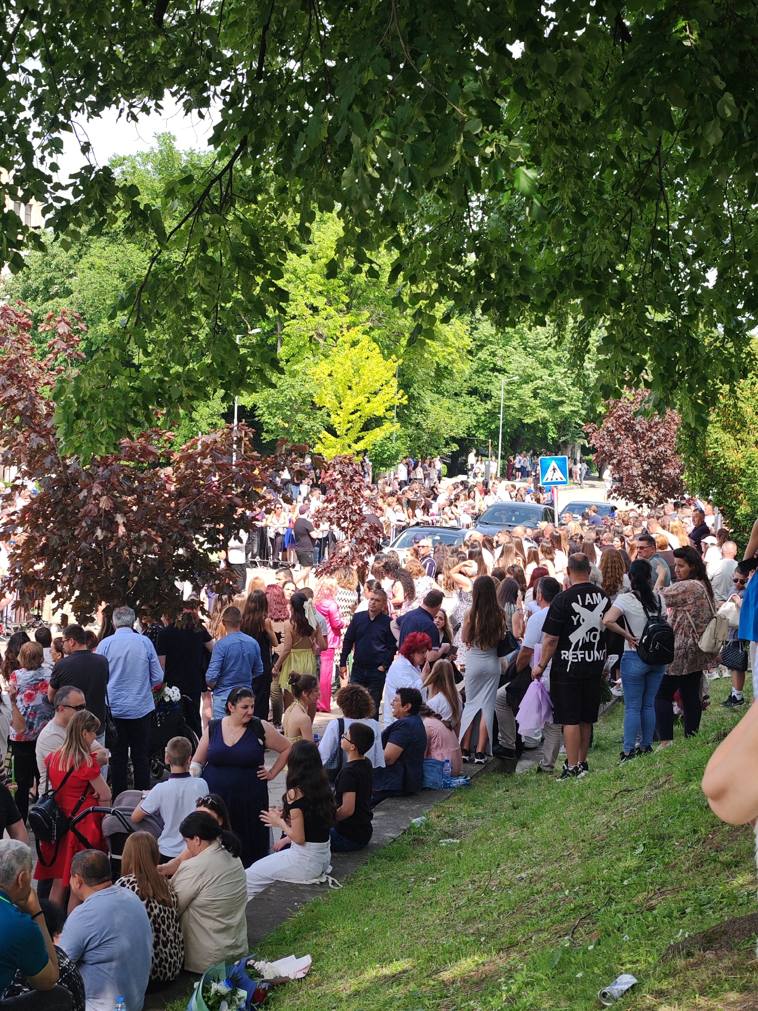 The image depicts a large group of people gathered outdoors, likely in a park or public space in Shumen, Bulgaria. The crowd includes individuals of various ages, dressed in diverse attire, suggesting a casual or celebratory event. People are standing, sitting, talking, and interacting with each other. Several parked cars are visible within the crowd. The environment includes trees, greenery, and a sloping grassy area where some people are seated. A pedestrian crossing sign is visible in the background indicating this could be near a roadway. The image is taken from a slightly elevated perspective, partly obscured by tree branches in the foreground.