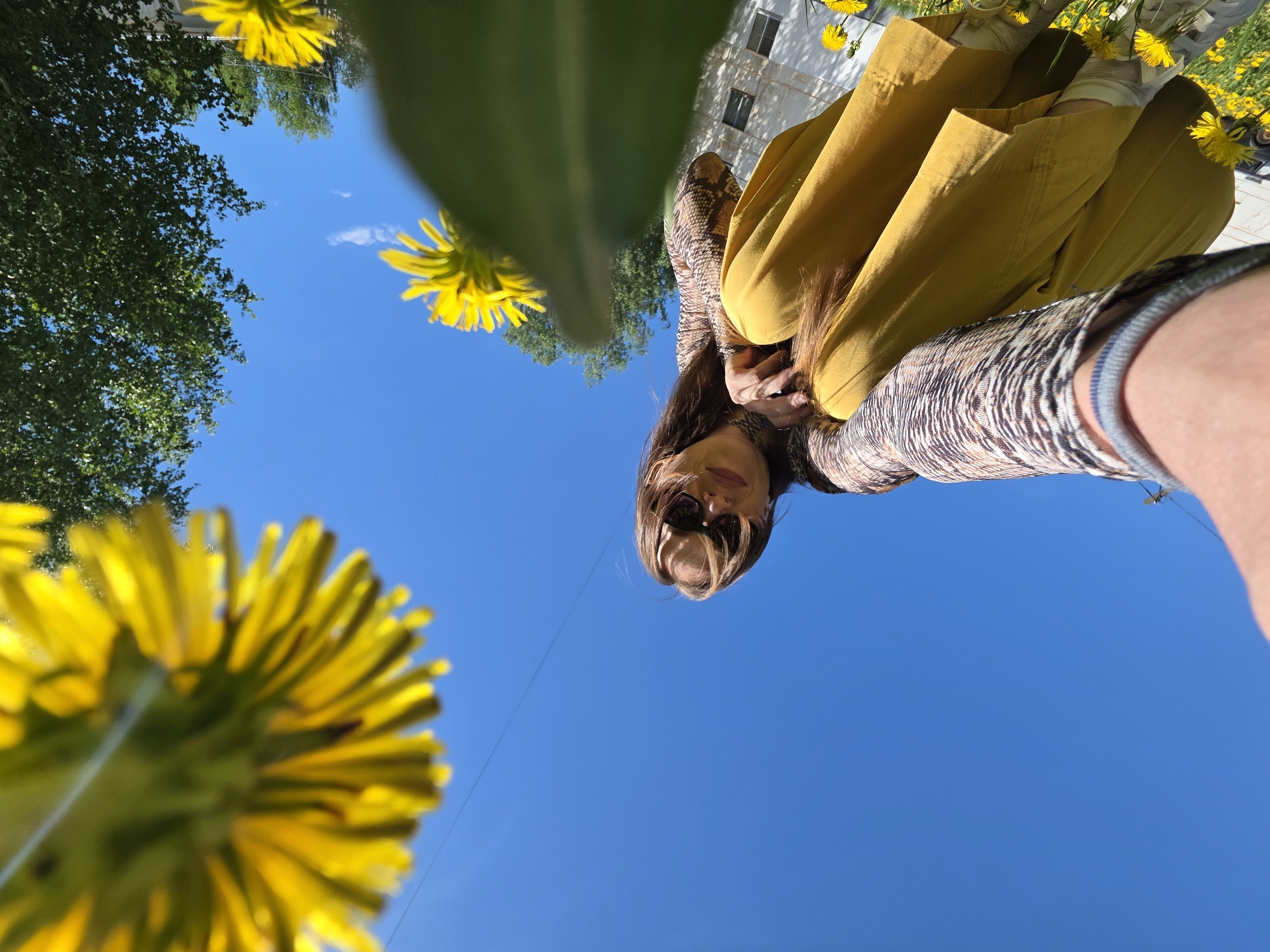 A low-angle shot captures a woman wearing sunglasses and a brown-patterned long-sleeve shirt and mustard-colored pants. She is crouched down, and the photo appears to have been taken from a ground-level perspective. The background features a clear blue sky, green trees, and a building in the distance, along with dandelions. The location is Chaikovsky, Russia.