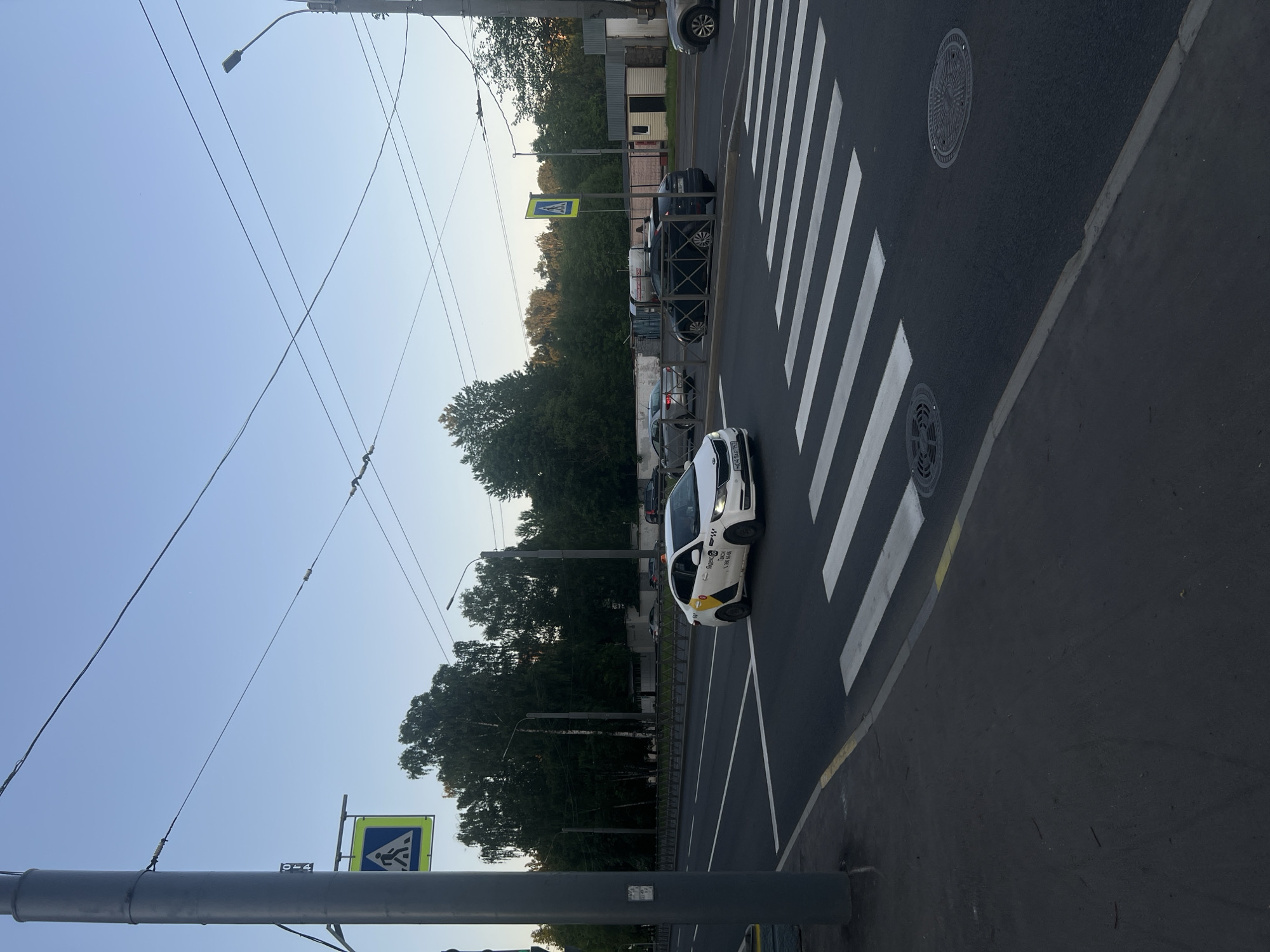 The image depicts an urban street scene at an intersection with a pedestrian crossing in Moscow, Russia, likely during early morning under a clear, bright blue sky.
In the foreground, a multi-lane asphalt road features a clearly marked pedestrian crosswalk with white zebra stripes. Two circular manhole covers are embedded in the road surface near the crosswalk. A solid yellow line along the left curb delineates the edge of the roadway.
A white Kia Rio sedan, identified as a Yandex Go taxi by its yellow side decals and "Яндекс Go Такси" branding, is in motion, traveling from left to right across the pedestrian crossing. Its front license plate, "H041AE 197", indicates a Moscow registration.
On the left, a tall, dark grey utility pole supports a square pedestrian crossing sign (white pedestrian figure on a blue triangle, with a yellow-green border). Multiple overhead power or communication lines crisscross the upper portion of the frame. On the right side of the road, a dark metal barrier fence separates the main thoroughfare from an adjacent area. Behind this fence, a dark grey/black sedan is parked or stopped, facing left. Further down the road, a silver sedan and another dark sedan are also visible parked behind the fence. The front portion of another silver car is visible on the far right edge of the frame. Another identical pedestrian crossing sign is visible further along the road on the right, also mounted on a pole behind the fence.
The background is dominated by dense deciduous trees with green foliage, including several birch trees with distinctive white bark, suggesting a park or wooded area. Beyond the trees on the right, several small, utilitarian buildings with light-colored walls and dark roofs are discernible, appearing to be storage units or sheds. No people are visible in the scene.