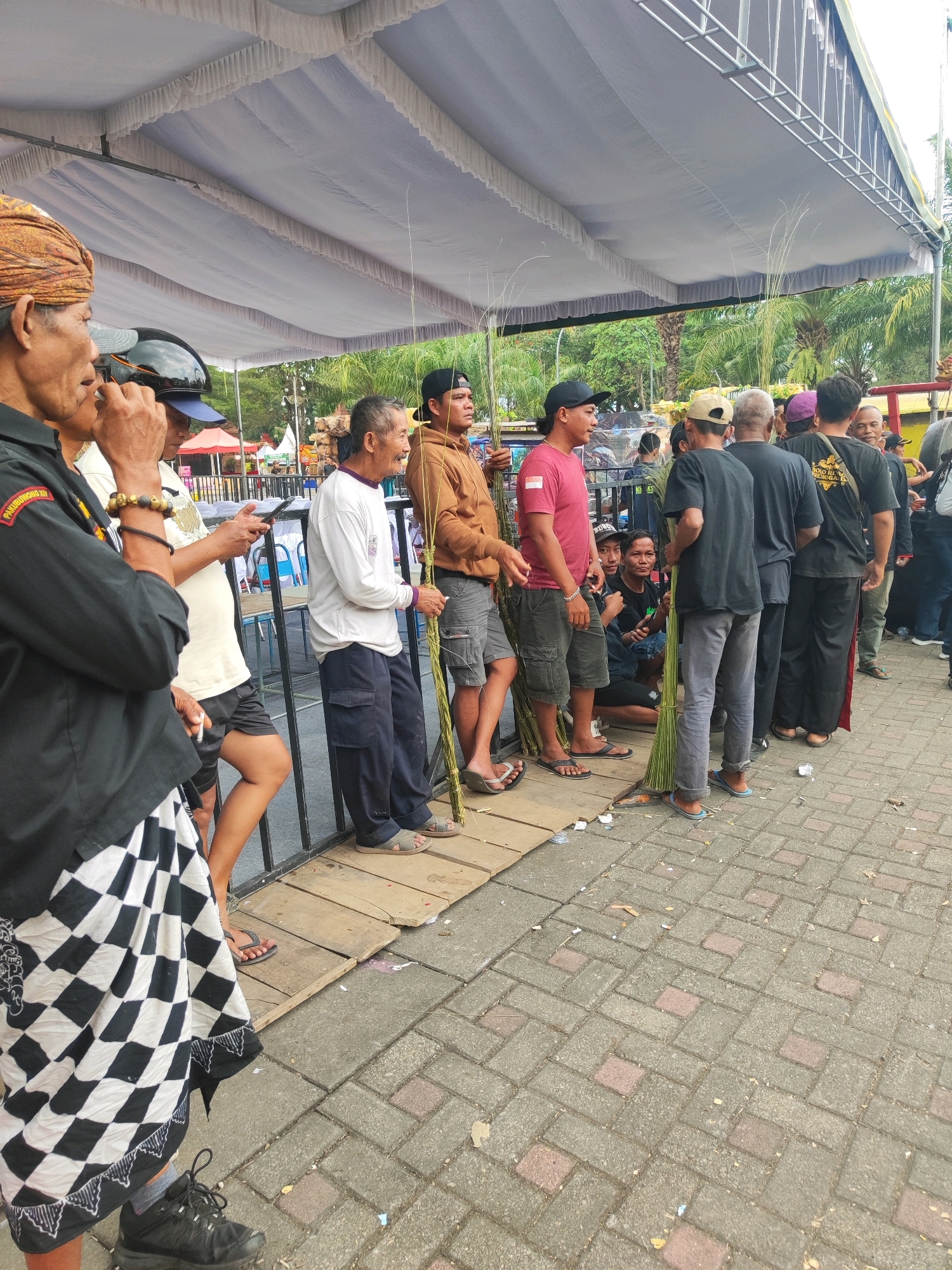 In the city of Trenggalek, Indonesia, a group of men stand in a line under a white tent structure. The man in the foreground, on the left, wears a black shirt with a red and yellow insignia and a patterned sarong. He is holding a mobile phone. To his right, a man in a white shirt and shorts holds a mobile phone. Further down the line, men in casual attire, including t-shirts and shorts, hold bundles of grass or reeds. A man in a tan hoodie stands with his bundle. The ground is paved with interlocking bricks. In the background, there are palm trees, other tents, and some stalls or vendors. The overall scene suggests an outdoor gathering or event.