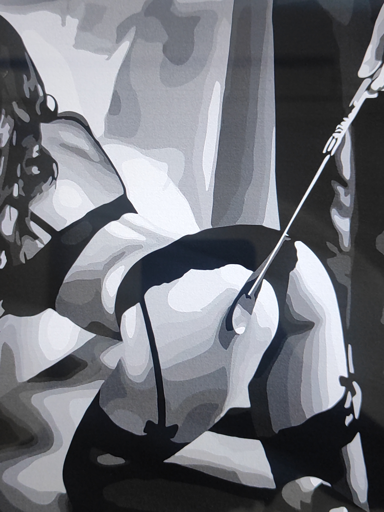 The image is a close-up, grayscale depiction of a person's lower body, with a hand holding a thin, pointed object, possibly a riding crop, poised above them. The person is lying down, with their legs bent and covered by dark stockings. The style of the image is abstract, with smooth, flowing lines and distinct areas of light and shadow, giving it a somewhat stylized or illustrative quality. There is no discernible urban environment or specific location within Fergana City, Uzbekistan, depicted in the image.
