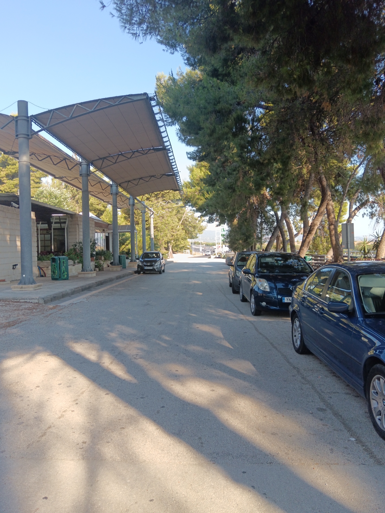 A paved road runs alongside a row of parked cars under a large, sloped awning supported by pillars. To the left of the road is a low building with large windows, possibly a cafe or restaurant, with plants in pots and green trash bins outside. Several dark-colored cars are parked on the right side of the road, with a blue sedan prominently in the foreground. Tall trees with green foliage line the right side of the road, casting shadows on the pavement. The sky is clear and blue. The scene appears to be a public area in the Municipal Unit of Vocha, Greece, likely a parking area or thoroughfare adjacent to a commercial establishment and natural vegetation. No people are visible in the image.