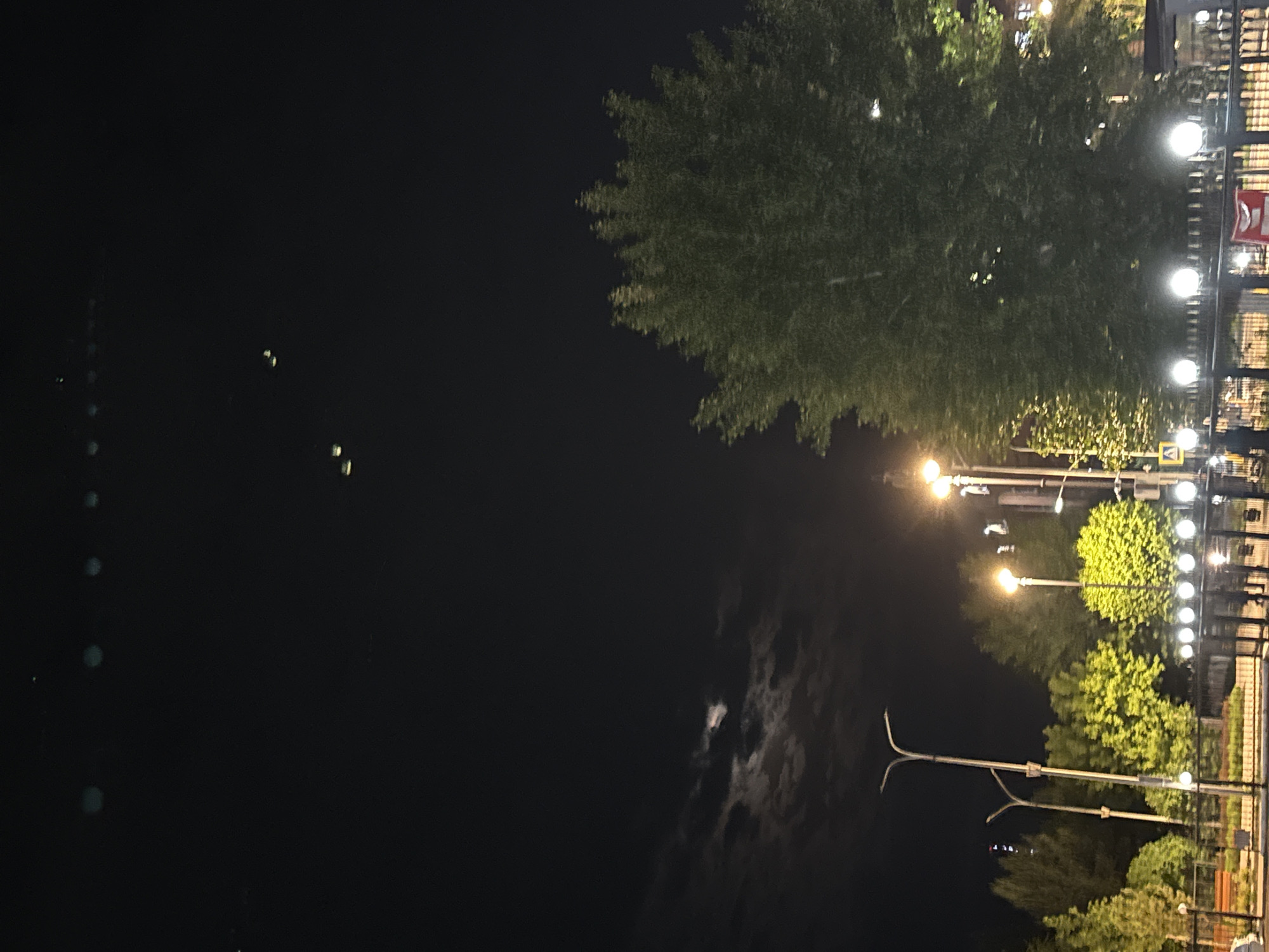 The image depicts a nighttime scene in Kokshetau, Kazakhstan. A body of water stretches along the left side of the frame, with faint lights reflecting on its surface. On the right, a row of illuminated trees and streetlights line a pedestrian walkway. The walkway is bordered by a metal fence, and buildings can be seen in the background. The sky is dark, with the moon obscured by clouds. The overall scene suggests an urban park or waterfront area at night. There are no visible people in the image.