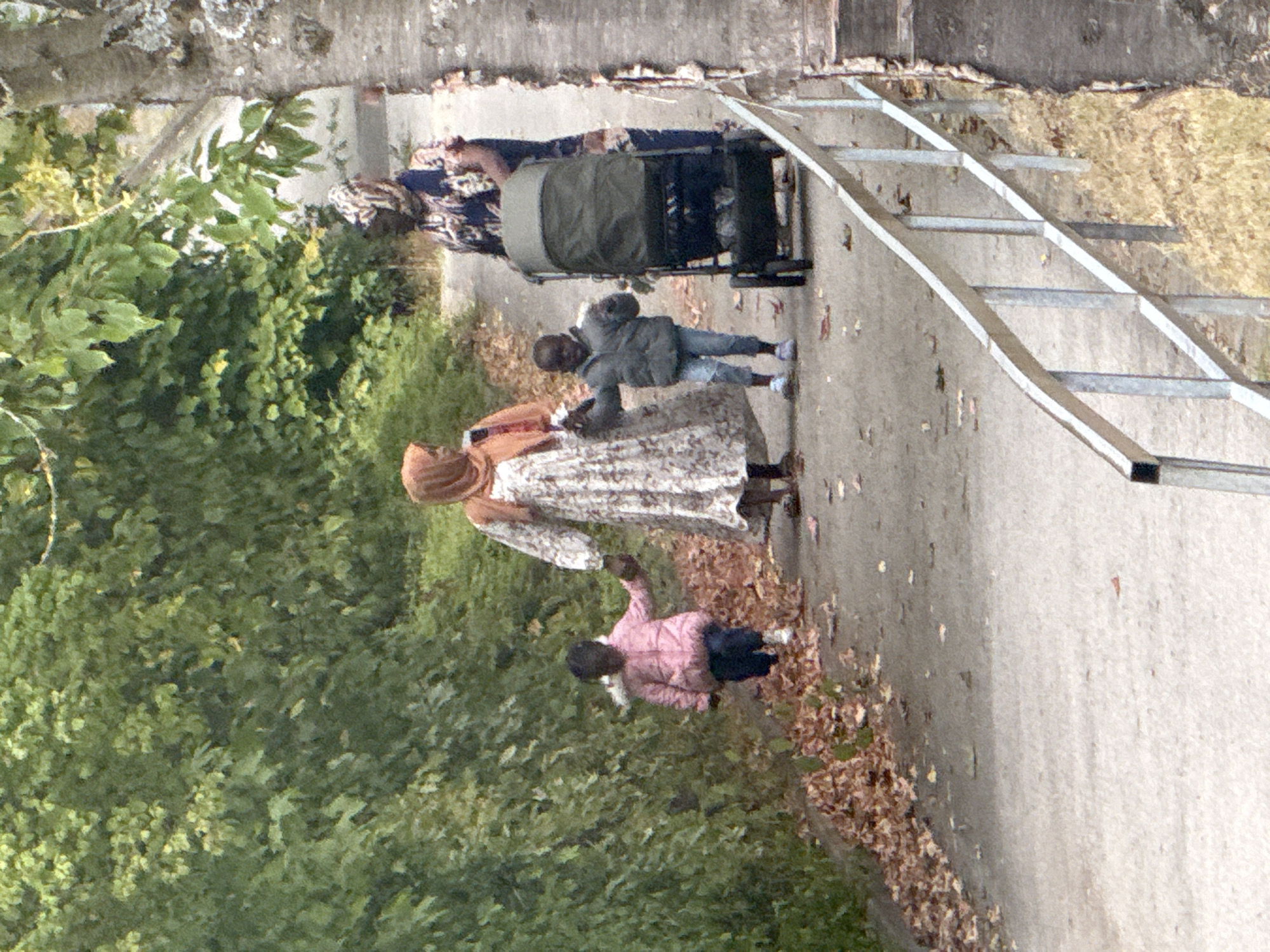 In Bad Sachsa, Germany, a family walks along a paved path beside a dense green hedge. Two women, one wearing a rust-colored hijab and a patterned dress, and another in a blue and white patterned hijab and dress, are accompanied by two young children. The child on the left, wearing a pink puffy jacket and dark pants, holds the hand of the woman in the patterned dress. A young boy in a grey puffy jacket and blue jeans walks beside the woman in the rust-colored hijab, and she holds his hand. A stroller is being pushed by the woman in the patterned hijab and dress, positioned between her and the young boy. Fallen brown leaves are scattered along the edge of the path. The environment suggests an outdoor, possibly park-like setting, with a tree trunk visible on the right side of the image.