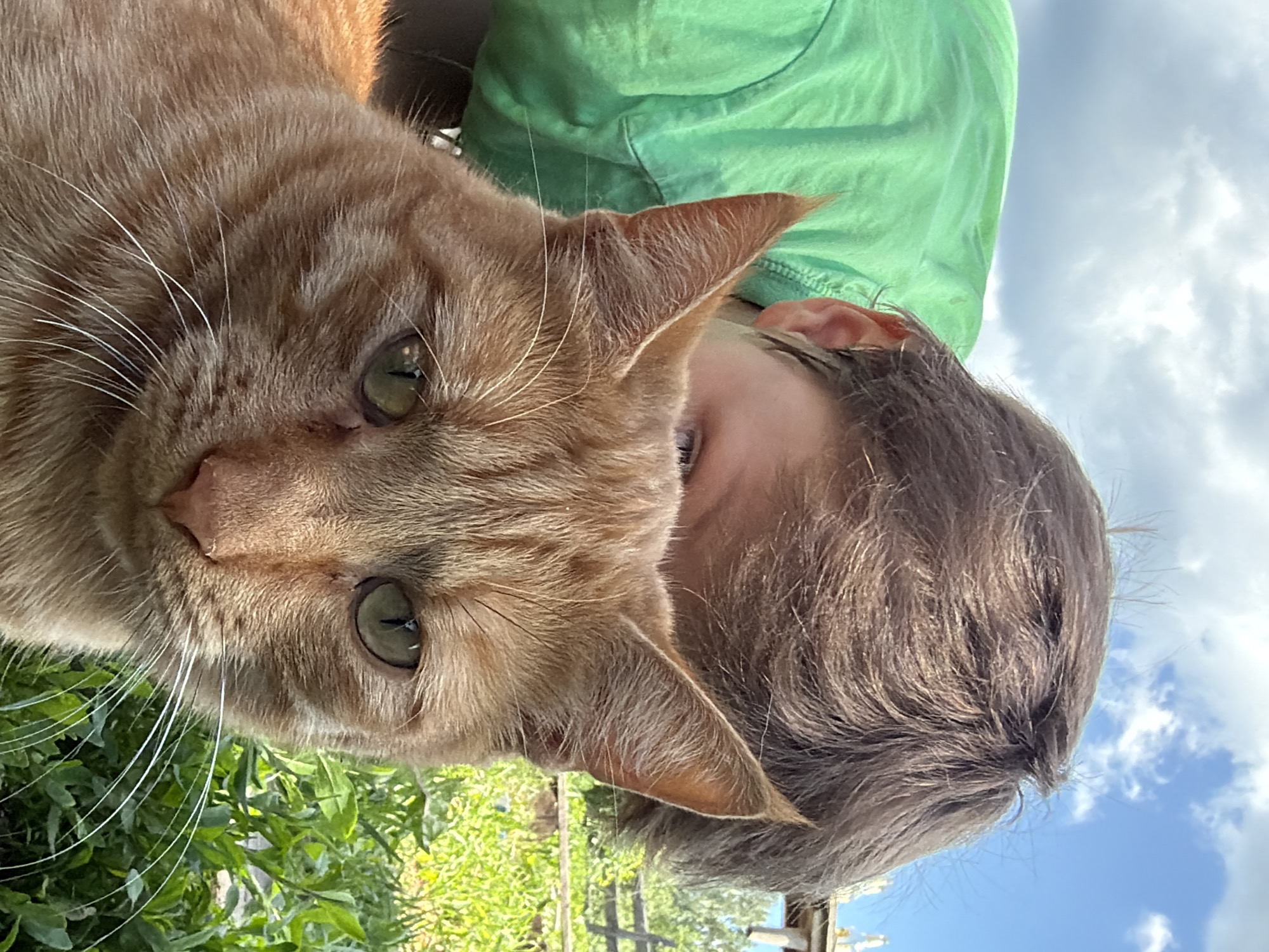 A close-up, medium-shot image features an orange tabby cat in the foreground, facing the camera with its head tilted slightly. The cat has green eyes and white whiskers. Behind the cat, a person wearing a bright green shirt is partially visible, their head and upper body obscured by the cat. The person's brown hair is disheveled, and their face is mostly hidden, with only a glimpse of their eyes and ear visible. The background shows a garden with green foliage and a wooden fence under a cloudy sky. The scene appears to be outdoors, possibly in a backyard or a park, in the city of Uralskoye, Russia.