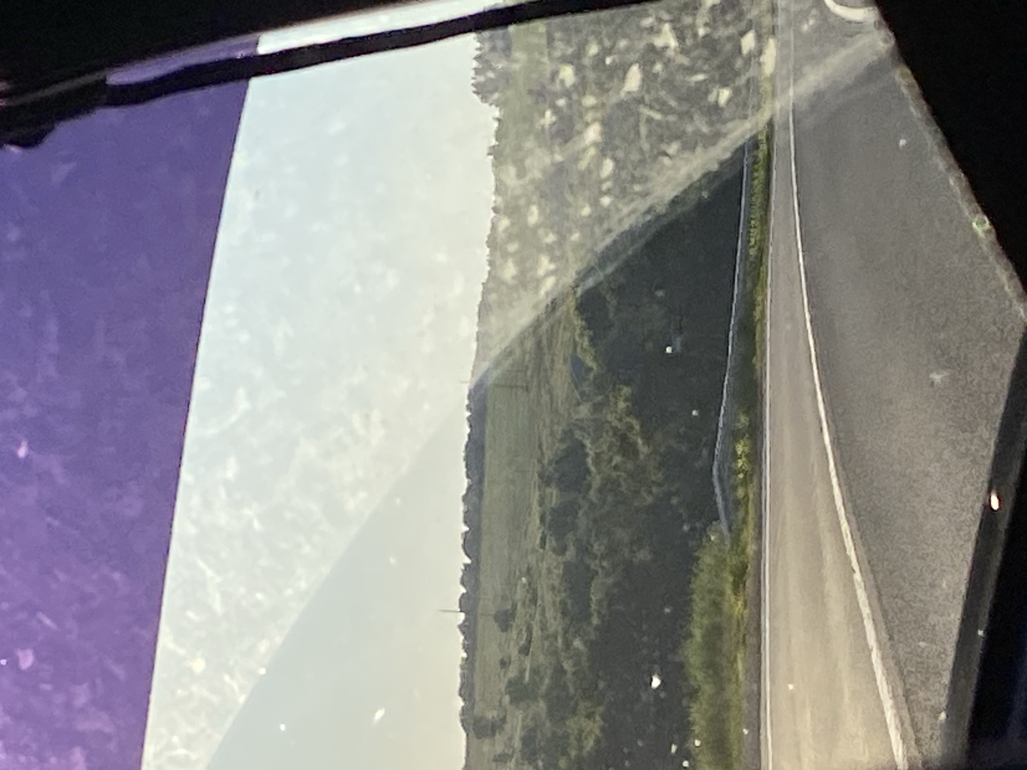 A road perspective through a dirty car window shows a rural landscape. The foreground is dominated by the asphalt of a road with a white line marking. Beyond the road, rolling hills covered in green vegetation and trees are visible. In the distance, a treeline with scattered structures and what appear to be power lines stretches across the horizon under a bright, hazy sky. The view is partially obscured by the purple tint of the car's top window and smudges or debris on the glass. The scene suggests a journey through a rural area, potentially near Заглядовка, Russia, given the context, under daylight conditions.