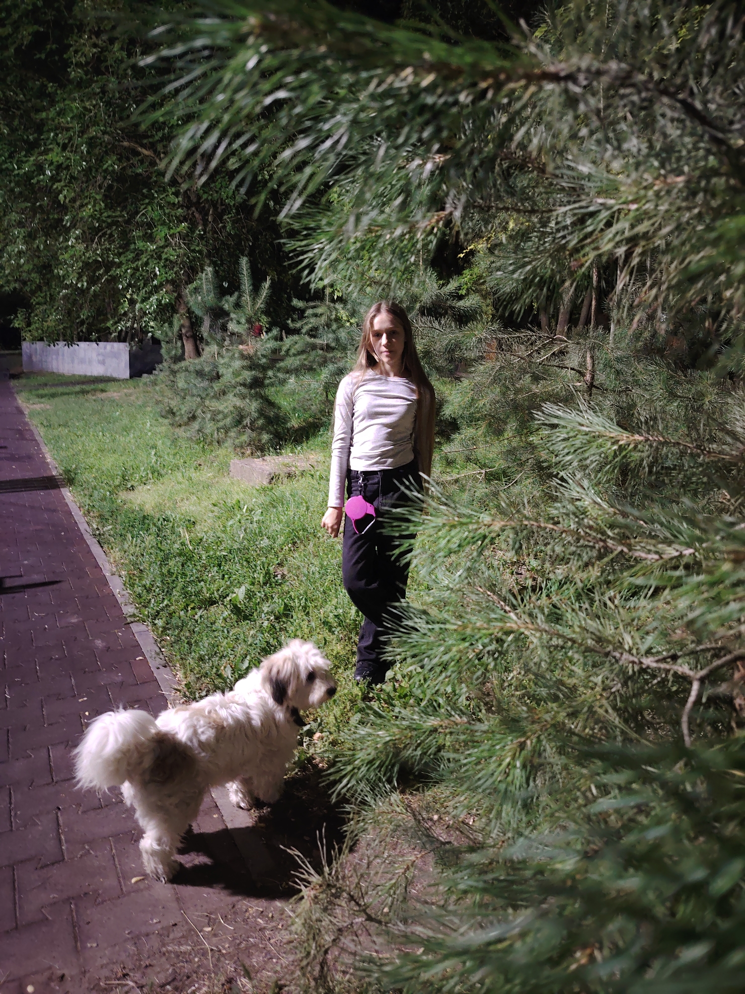A young Caucasian female with long blonde hair stands in a park at night, wearing a silver long-sleeved shirt and black pants. A pink heart-shaped object is attached to her belt. She is accompanied by a small, fluffy white dog with tan markings. The dog is on a leash and is facing away from the camera, looking to the side. The scene takes place on a paved walkway next to a grassy area with trees and bushes. The lighting suggests it is evening or night. Based on the vegetation, lighting, and the overall atmosphere, this scene is likely located in a park or recreational area in Rostov-on-Don, Russia.