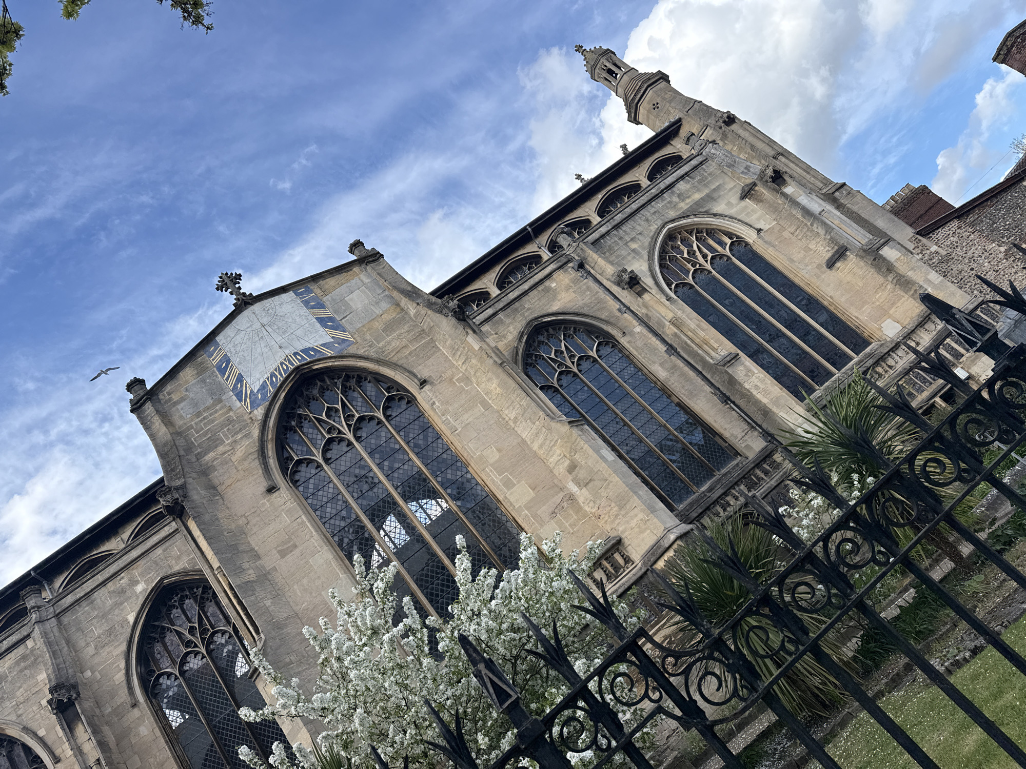 The photograph depicts an angled, low-angle view of St. Peter Mancroft Church in Norwich, United Kingdom. The church is constructed of light-colored stone and features large, arched windows with intricate tracery. A sundial is visible on the facade. A black, wrought-iron fence runs along the perimeter of the church grounds. White blossoming trees and greenery are visible within the fence line. The sky is blue with scattered clouds.