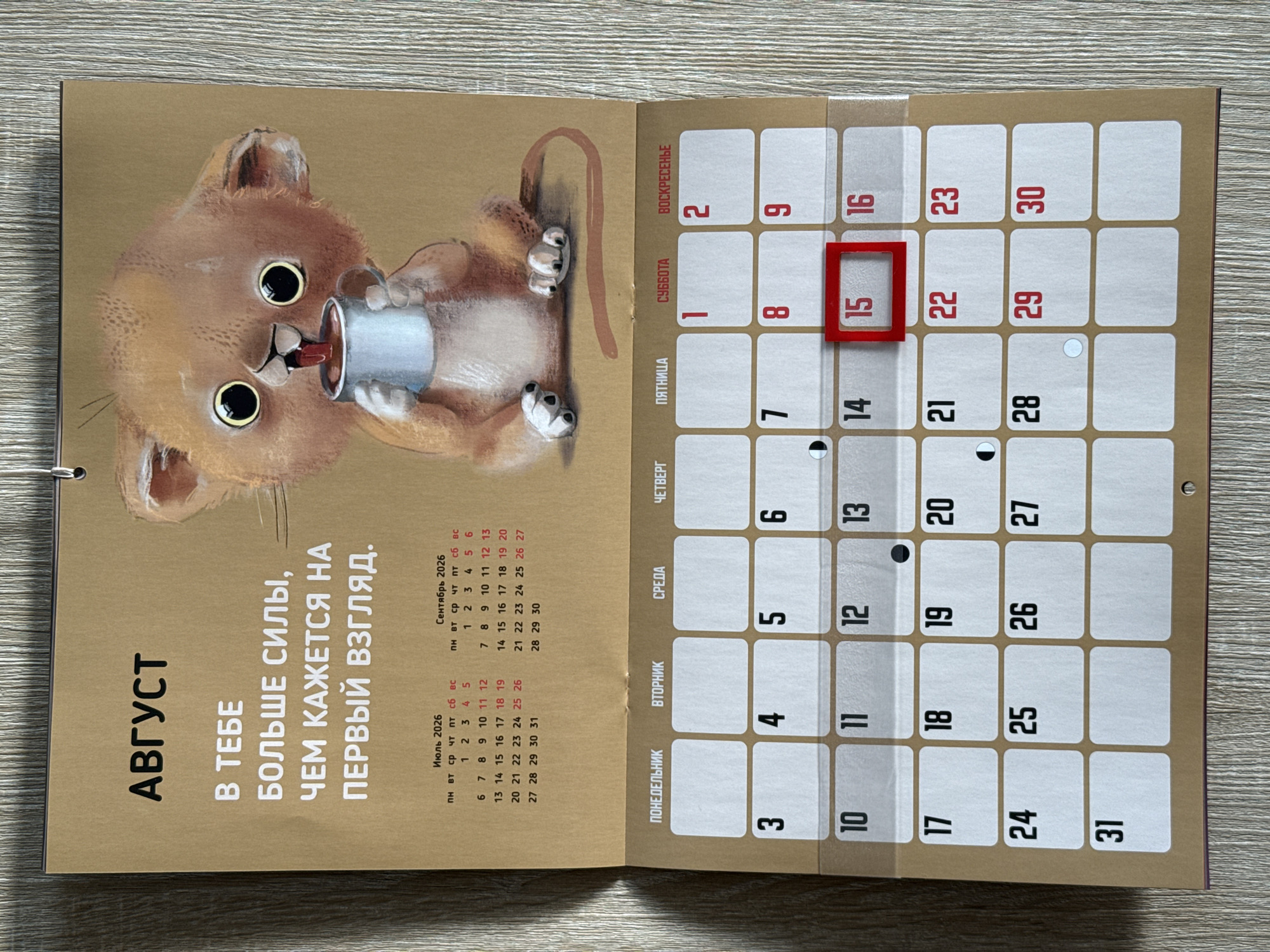 The image is a close-up, eye-level shot of a calendar page for August. The calendar has a brown background with a cartoon illustration of a small, fluffy lion cub holding a mug of coffee and drinking from it. The cub has large, expressive eyes and is positioned on the right side of the calendar. The text at the top of the calendar reads "АВГУСТ" (August) in large, bold, dark gray letters. Below this, there is a motivational quote in Russian: "В ТЕБЕ БОЛЬШЕ СИЛЫ, ЧЕМ КАЖЕТСЯ НА ПЕРВЫЙ ВЗГЛЯД." (You have more strength than it seems at first glance.).
The calendar grid below the illustration displays days of the week headers: "ПОНЕДЕЛЬНИК" (Monday), "ВТОРНИК" (Tuesday), "СРЕДА" (Wednesday), "ЧЕТВЕРГ" (Thursday), "ПЯТНИЦА" (Friday), "СУББОТА" (Saturday), and "ВОСКРЕСЕНЬЕ" (Sunday). The current month is August 2026. The numbers of the days are arranged in the grid, with the 15th of August highlighted with a red square border. There are also small circular icons on some days, possibly indicating lunar phases or other events.
The calendar is hanging, as evidenced by the wire binding at the top. The background behind the calendar appears to be a textured wooden surface, likely a wall or a desk. The lighting is natural, casting soft shadows. There are no people or specific landmarks of Lyubertsy, Russia visible in the image. The scene is static and depicts a single object.