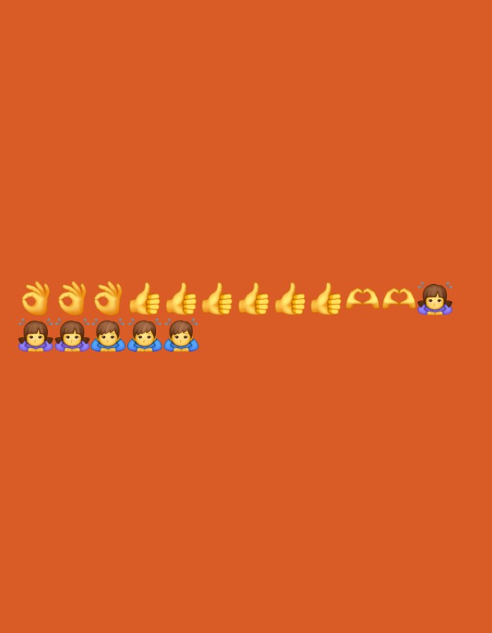 An abstract composition features a solid orange background. At the bottom of the image, a horizontal arrangement of emojis is displayed. From left to right, these include three "OK Hand" emojis, followed by six "Thumbs Up" emojis, then two "Heart Hands" emojis, and finally one "Girl" emoji with a blush and a pleading expression, and one "Boy" emoji with a pleading expression. Below this line of emojis, five "Girl" emojis and five "Boy" emojis are arranged in two rows. The "Girl" emojis appear in the front row, and the "Boy" emojis in the back row, all with their hands clasped in front of them. The context of a city or any specific location is not discernible from the image.