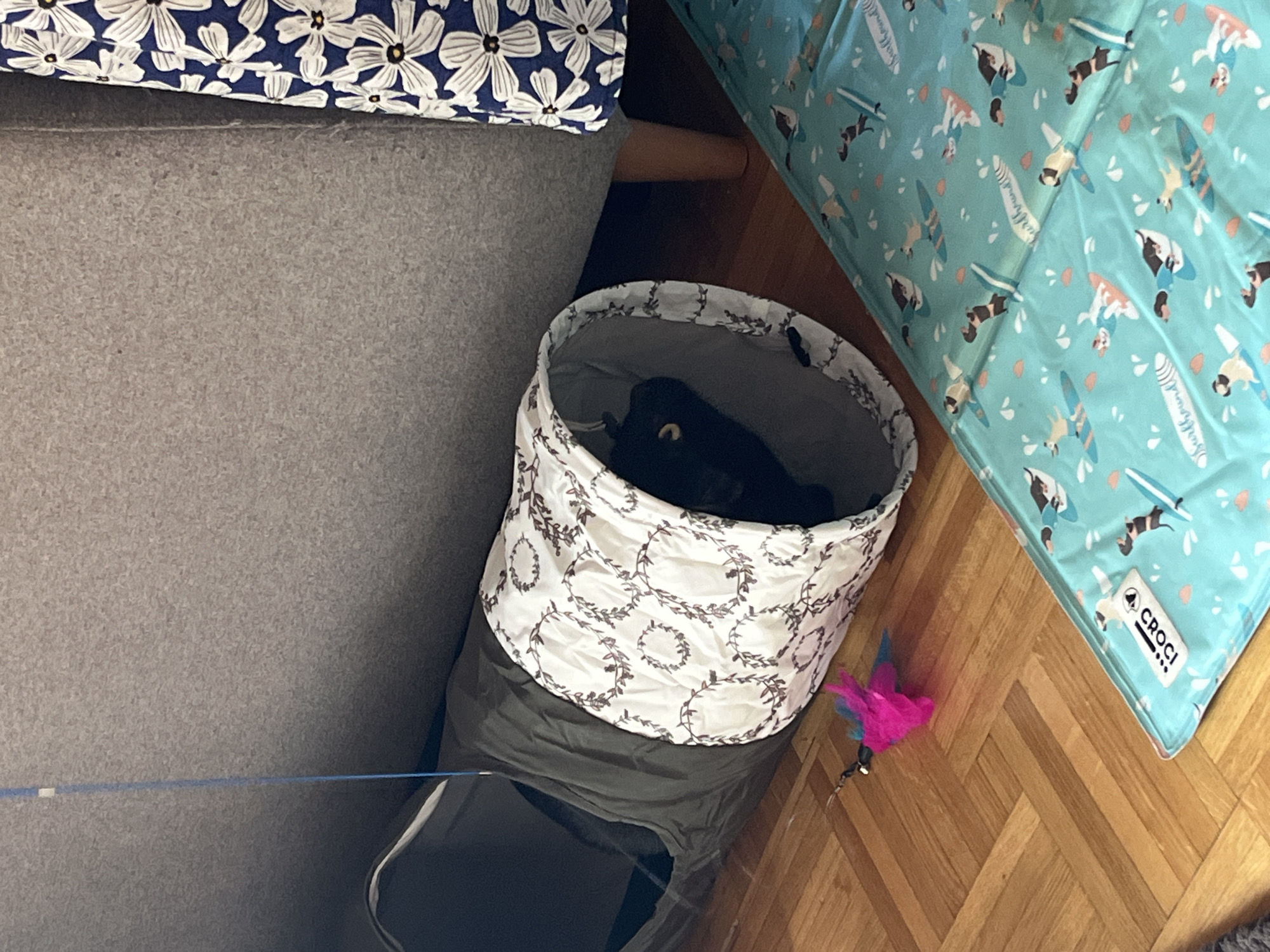 The image depicts an indoor scene, likely a living room, with a black cat partially visible inside a gray and white patterned pet tunnel. The tunnel is positioned on a wooden parquet floor next to a grey sofa and a blue and white floral patterned curtain. A pink and blue cat toy lies on the floor near the tunnel. A light blue mat with a repeated pattern of dogs surfing is also present on the floor. The location is identified as L'Haÿ-les-Roses, France.