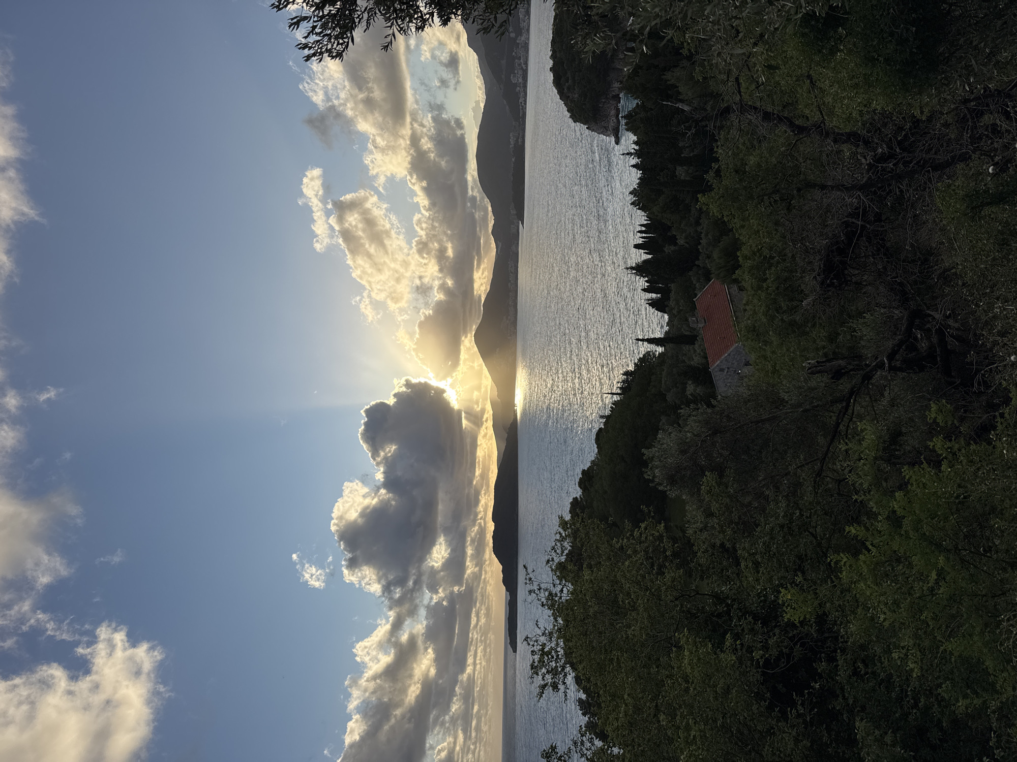 The image captures a coastal scene in Sveti Stefan, Montenegro, oriented vertically. On the left side, the sky is visible with a mix of blue and numerous clouds, some brightly lit by the setting or rising sun. Light rays emanate from behind a darker cloud formation. The center of the image features a large body of water, possibly the Adriatic Sea, reflecting the sunlight in a shimmering line. In the middle ground, a mountainous landmass stretches along the horizon. On the right side, the coastline is covered with dense green vegetation, including trees and shrubs. A building with a red tile roof is partially visible amidst the foliage. Branches and leaves frame the top of the image, adding depth to the composition. The lighting suggests either dawn or dusk, creating a dramatic contrast between light and shadow. There are no people or animals directly visible in the frame. The overall impression is one of a scenic, natural landscape with a touch of human presence in the form of the building.