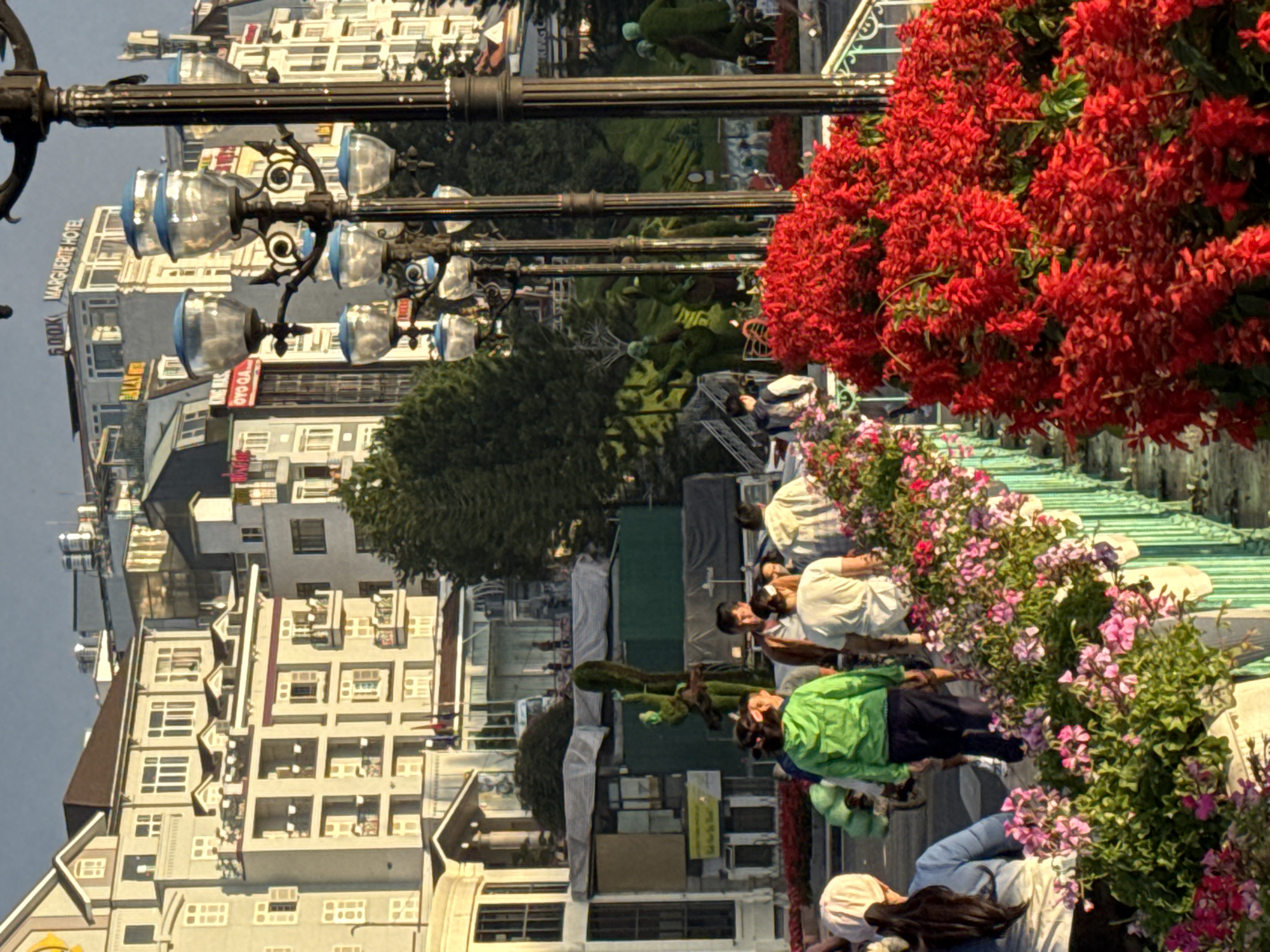 In Da Lat, Vietnam, on a street lined with buildings and lush greenery, a group of people are seen walking. In the foreground, vibrant red flowers in planters line a railing, creating a vivid display. To the left, pink flowers in similar planters add to the floral arrangement. Several streetlights with multiple glass globes stand tall, illuminating the area. In the background, multi-story buildings with light-colored facades and numerous windows dominate the cityscape. Some of these buildings display signs, one of which reads "MARGUERITE HOTEL." The sky above is a muted gray, suggesting it may be overcast or late in the day. A few individuals are visible in the middle ground, some wearing casual attire and others with backpacks. Green topiary sculptures are also present, adding a unique artistic element to the urban environment. The overall scene depicts a lively street in Da Lat, characterized by its blend of architecture, nature, and human activity.