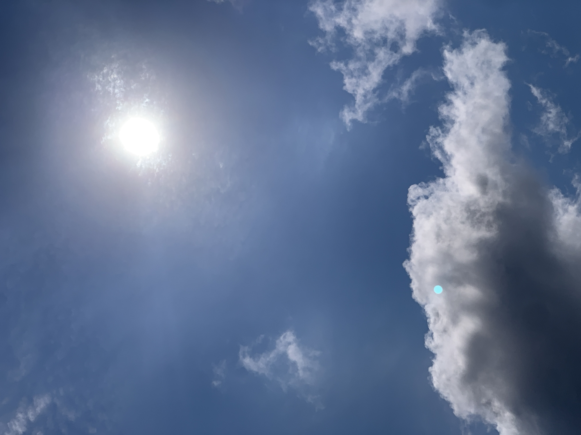 The image captures a bright, sunny sky with scattered clouds. The sun is prominently visible near the top center, appearing as a bright, white orb with a slight hazy halo, suggesting it is mid-day. The sky is a deep blue, transitioning to a lighter shade towards the top where the sun is located, possibly due to atmospheric scattering.
In the lower portion of the frame, there is a large, fluffy white cloud with darker, shadowed undersides, indicating depth and volume. A small, vibrant cyan-colored circular object is superimposed on this cloud, appearing as an artifact rather than a natural element. Other wispy white clouds are scattered throughout the blue expanse. The overall scene depicts a typical daytime sky, likely taken outdoors. The provided context indicates this scene is in Khazar Raion, Azerbaijan.
