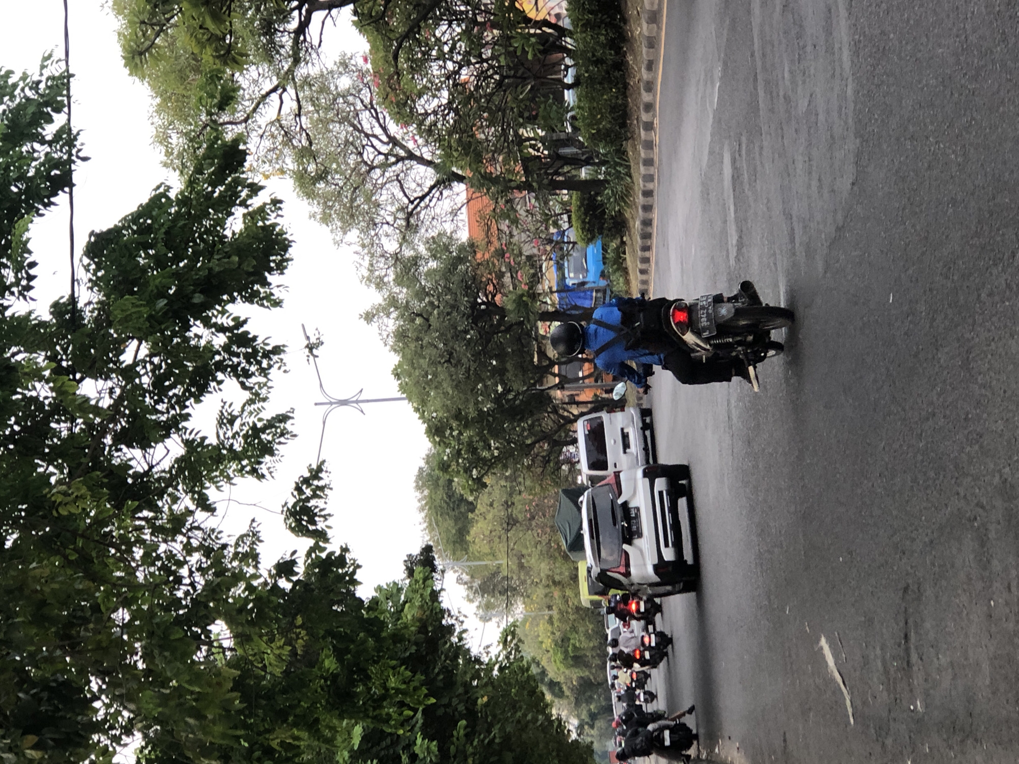 The image depicts a street scene in Sumorame, Indonesia, during the daytime. A motorcycle, ridden by a person wearing a blue shirt, black pants, and a helmet, is in the foreground, moving away from the camera. The motorcycle has a license plate that reads "L 3942 SE". Several other motorcycles and cars are present on the road, indicating moderate traffic. A white SUV is visible to the left of the motorcycle in the foreground. Trees line the sides of the road, with lush green foliage. The sky is overcast. The road surface appears to be asphalt with clear lane markings.