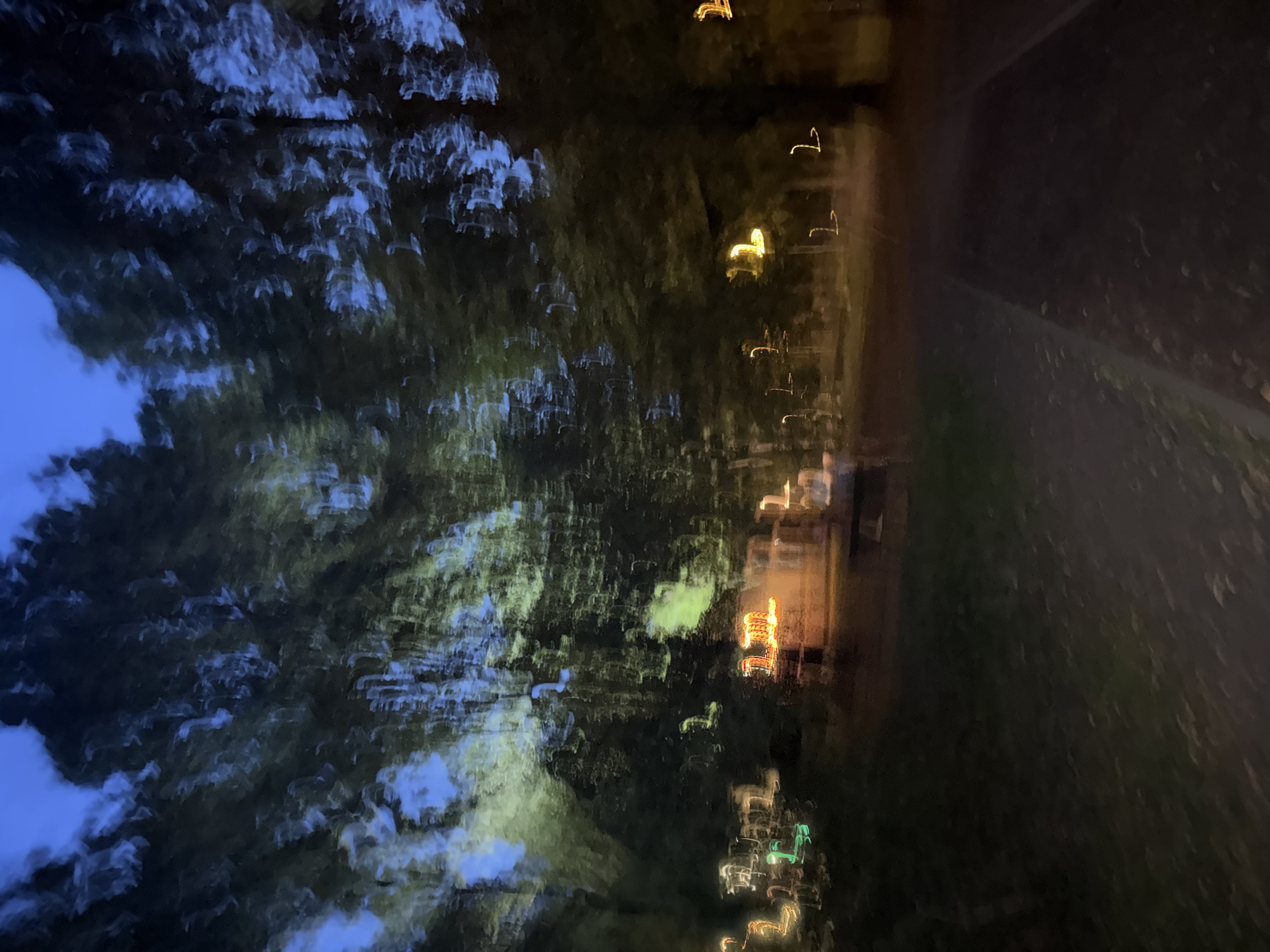 This is a blurry, abstract nighttime photograph taken in the city of Unknown, Unknown. The image captures a scene with trees and lights, but the motion blur creates a distorted and impressionistic effect. The sky is dark blue, indicating twilight or night. The trees are dark masses with some lighter green and yellow hues reflecting through their branches, suggesting they are illuminated by artificial lights. In the mid-ground, there are several streaks and blobs of light, some appearing orange and yellow, and others greenish-white, suggesting streetlights or building lights. The ground appears to be a path or a grassy area, also affected by motion blur. The overall impression is one of movement and the interplay of light and shadow in an outdoor urban environment at night.