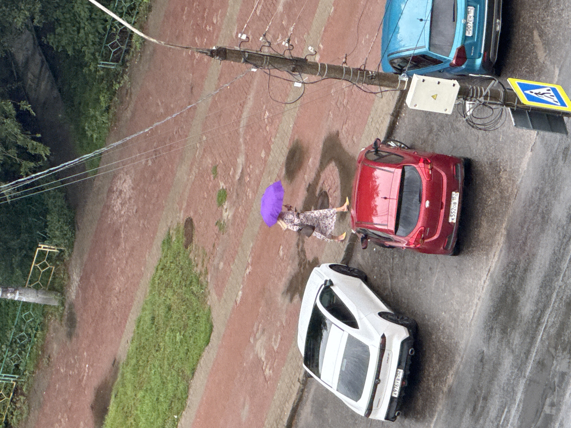 An aerial view captures a street scene on a wet day, likely in Nizhny Novgorod, Russia, given the car license plates. A woman walks under a vibrant purple umbrella on a red brick paved walkway. She is wearing a light-colored patterned dress and yellow shoes. To her left, parked along the street, are three cars: a white sedan with a dark panoramic roof, a red hatchback, and a blue SUV. The pavement is slick with rain, creating reflections and dark patches. A utility pole with various wires and junction boxes stands to the right of the frame, with a pedestrian crossing sign at its base. Greenery and a decorative fence are visible in the background.