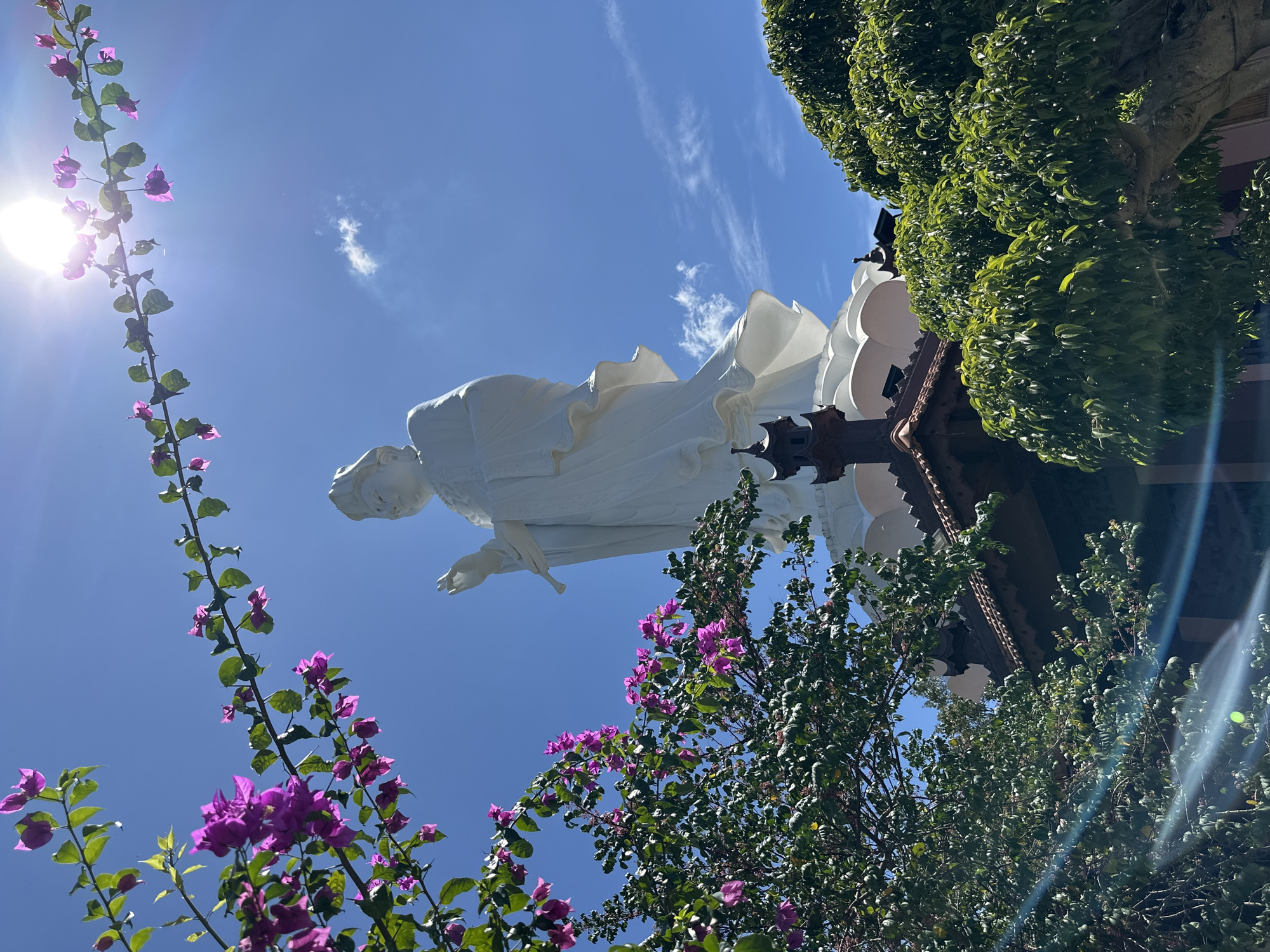 This is a low-angle, vertical shot of a large white statue against a bright blue sky with scattered white clouds. The statue appears to be a person, possibly female, with flowing robes and outstretched arm. The perspective makes the statue seem immense, towering over the viewer. In the foreground and framing the shot on the left and right are vibrant green trees and branches laden with bright purple flowers. The sun is visible on the left side of the image, casting a lens flare and bright light. The scene appears to be outdoors on a sunny day. The foliage and flowers suggest a warm climate and possibly a tropical or subtropical setting. The architectural elements partially visible behind the statue, with decorative wooden trim, hint at a temple or significant cultural structure. The overall mood is serene and awe-inspiring, with the natural elements adding a touch of beauty and vibrancy to the majestic statue. The location context provided is Thôn 5, Vietnam.