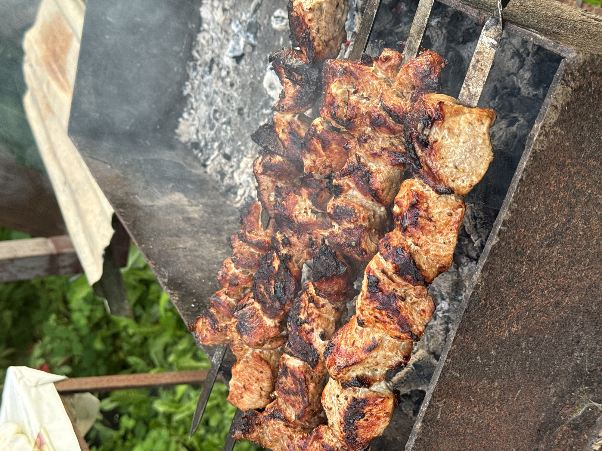 In Sharkan, Russia, skewers of meat are grilling over hot coals in a rustic metal barbecue pit. The meat, cut into bite-sized pieces and threaded onto metal skewers, shows varying degrees of doneness, with some pieces exhibiting a nice char. Smoke rises from the grill, indicating the cooking process is active. The barbecue pit itself appears weathered and well-used, nestled outdoors amidst lush green foliage. In the background, a white tarp is draped over a makeshift table or stand, suggesting a casual outdoor gathering. The scene captures a moment of food preparation, likely for a meal or event, within a natural, possibly rural, setting in Sharkan.