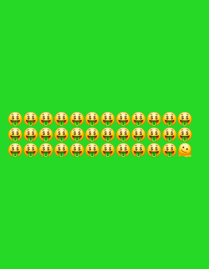 The image displays a bright green background with two rows of money-mouth face emojis. The top row contains twelve emojis, and the bottom row contains twelve emojis followed by a smiley face emoji. All emojis are facing forward. The image is not located in the city of Homyel, Belarus.