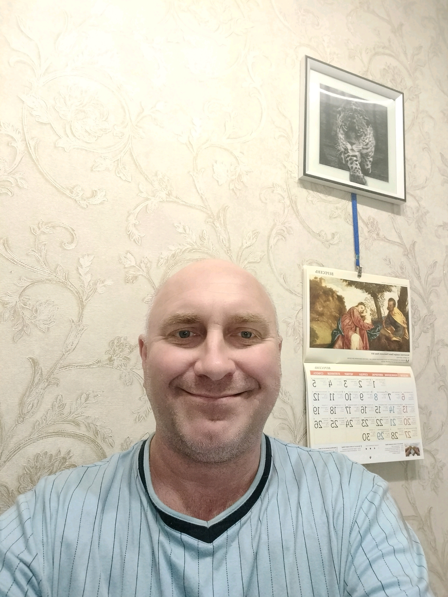 A bald, middle-aged white man with blue eyes and a light stubble is smiling at the camera, occupying the lower half of the frame. He is wearing a light blue striped t-shirt with a dark v-neck collar. Behind him, on a cream-colored wallpaper with a floral pattern, are two items hanging on the wall. The upper item is a framed black and white photograph of a leopard walking towards the viewer. Below the photograph, a calendar is attached to the wall with a blue lanyard. The calendar features a religious painting on the top half, depicting Jesus and another man in a landscape setting, and the bottom half shows a grid of dates with Cyrillic text, indicating it is a monthly calendar. The lighting appears to be artificial and from above, casting soft shadows. The image does not provide any specific information to identify the location as Zhytomyr, Ukraine.