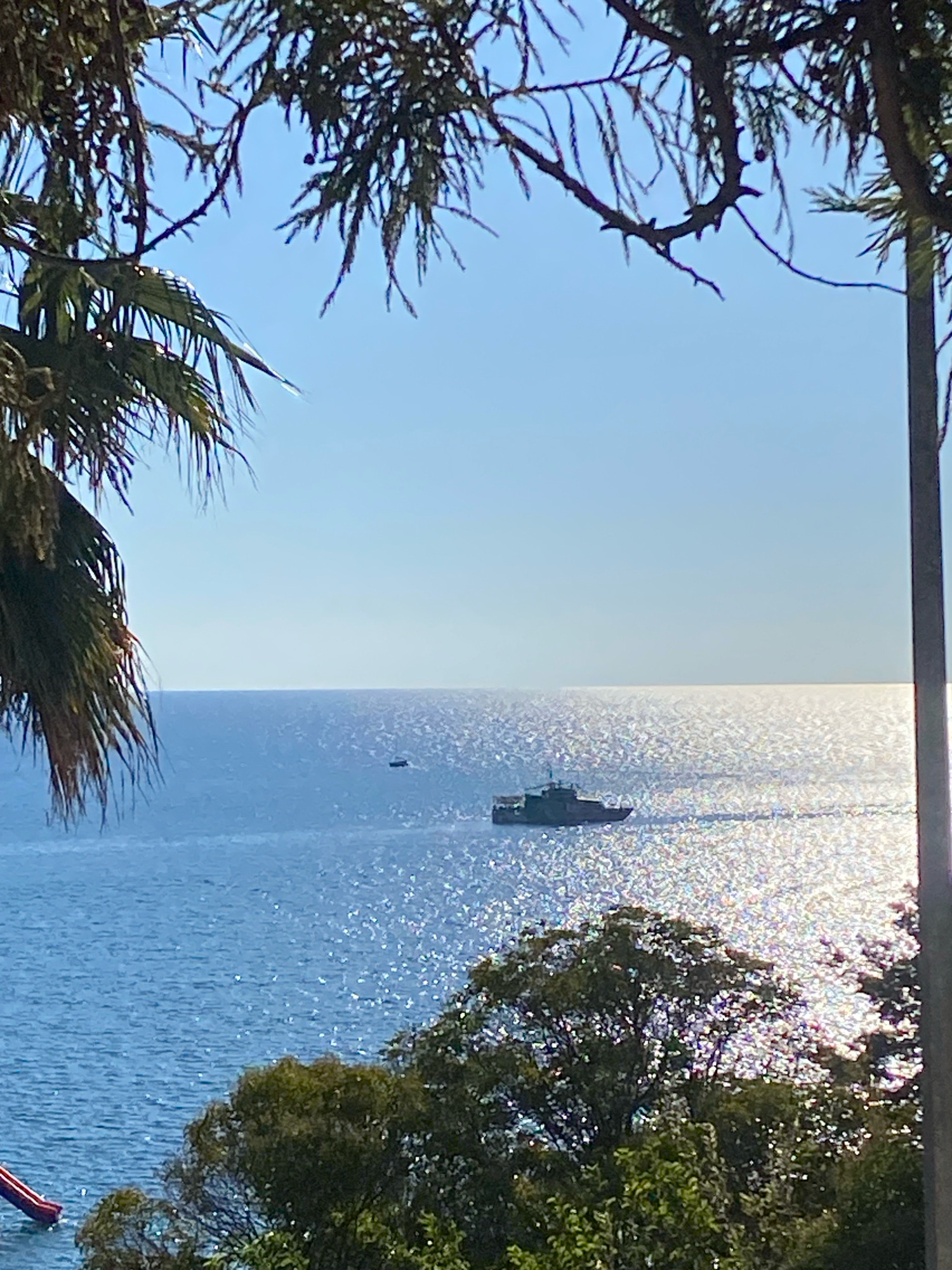 The image is a landscape shot of the sea with a clear blue sky above. The sun is reflecting intensely off the water, creating a shimmering effect. In the distance, a ferry or large boat is visible navigating through the water. In the foreground, there are trees and branches framing the scene, with what appears to be a sliver of a red slide on the left edge. The location is identified as Sochi, Russia.