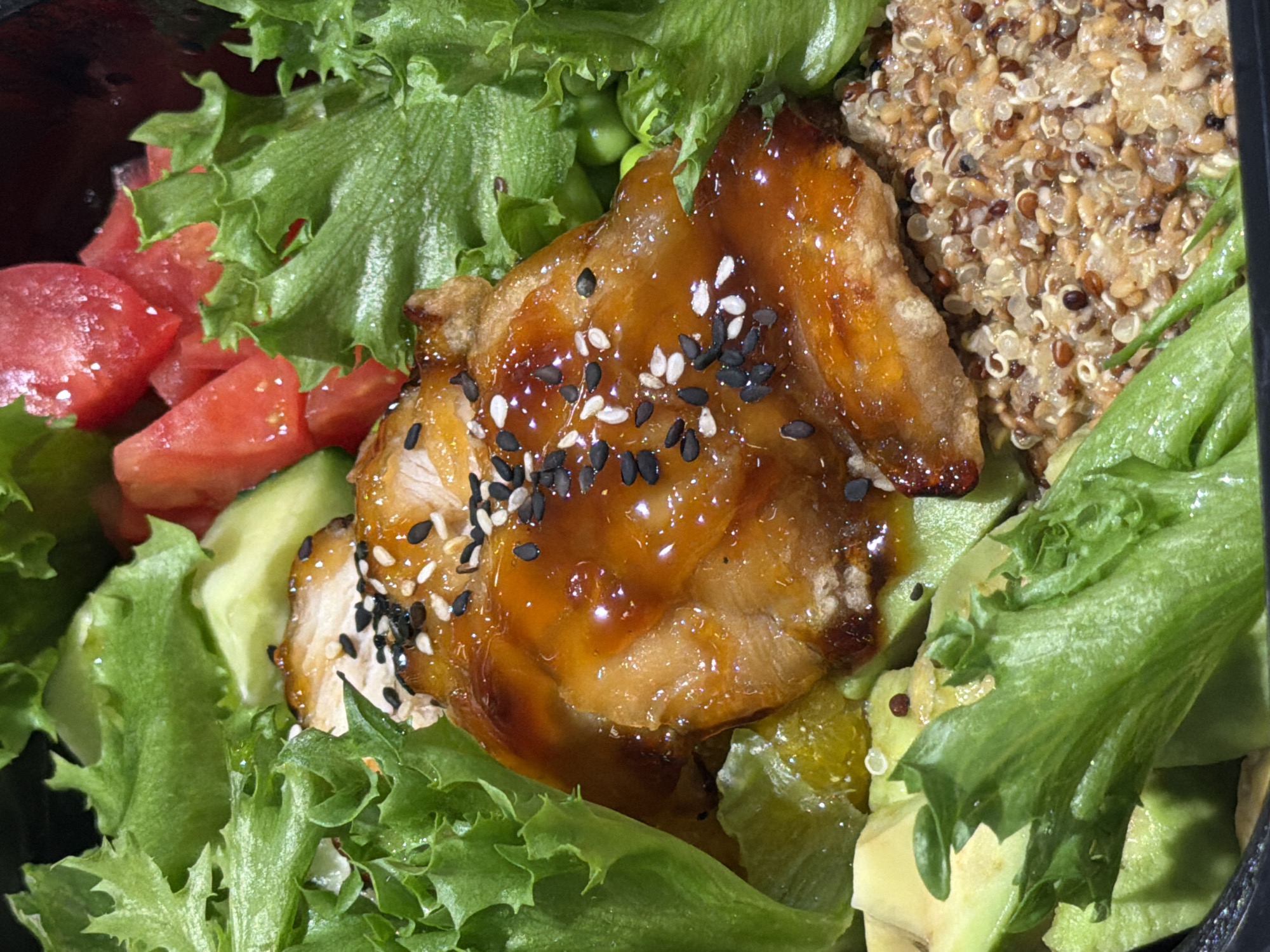 A close-up, overhead shot captures a healthy meal in Saint Petersburg, Russia. The dish features a bed of vibrant green lettuce, crisp cucumber slices, and bright red tomato wedges. At the center, a piece of grilled chicken glazed with a rich, dark sauce is sprinkled with black and white sesame seeds. Sliced avocado and a mix of quinoa and grains are visible at the bottom of the bowl. The overall impression is one of a fresh and flavorful, light meal.
