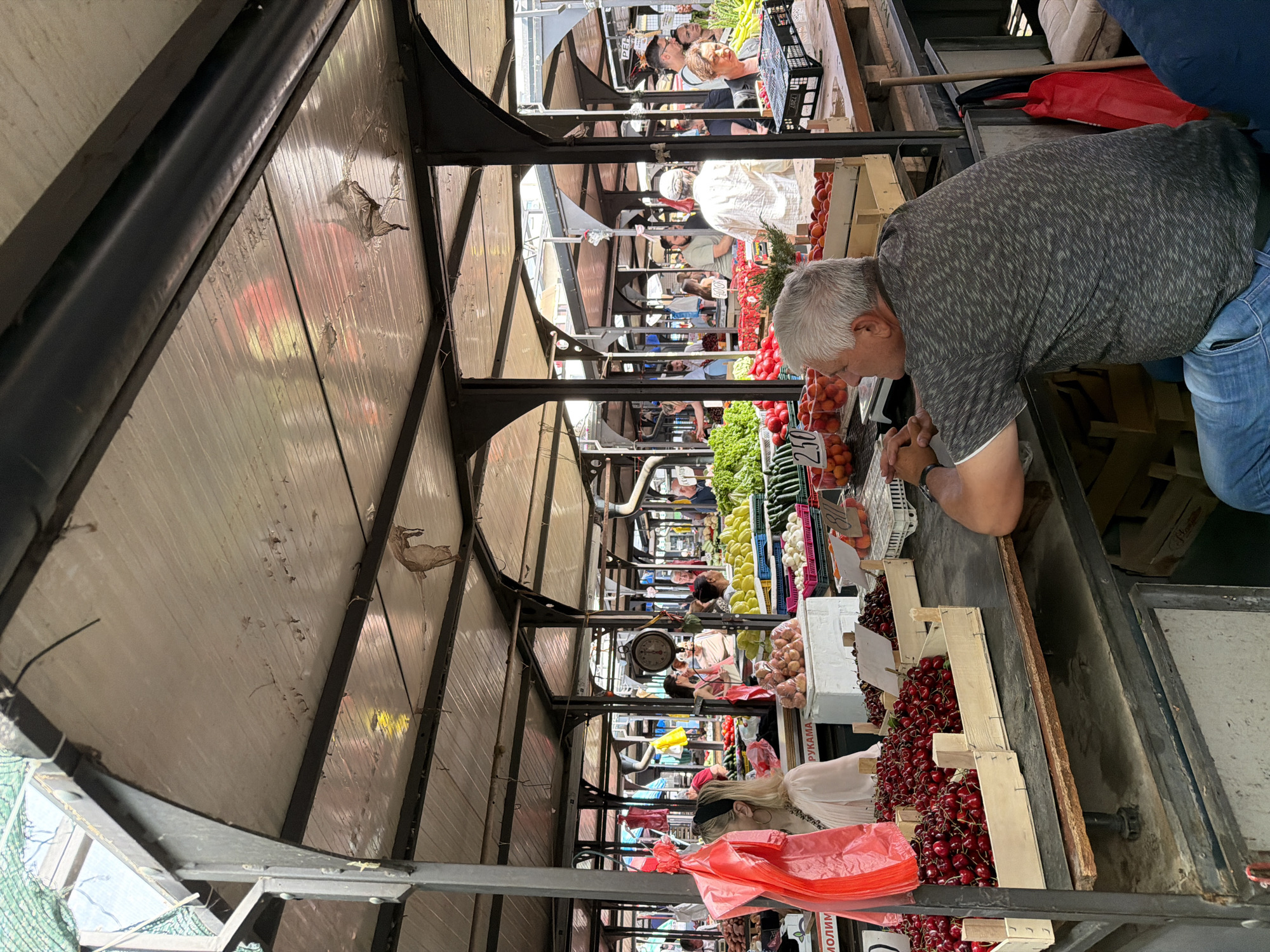 The image depicts a bustling open-air market located in Vracar Urban Municipality, Serbia, viewed from within one of its covered aisles. The market features a series of robust metal structures with arched supports, forming a roof framework over individual stalls. The roof consists of light-colored, possibly corrugated, panels showing signs of wear, with some torn sections and visible reflections of red and yellow light on their undersides.
In the immediate foreground, to the right, an older man with short grey hair is seated at a market stall, facing towards the left. He is wearing a dark grey patterned short-sleeved shirt and blue jeans, with his hands clasped on the table in front of him. His arm rests on the edge of the dark, worn wooden tabletop. To his left, several wooden crates filled with dark red cherries are prominently displayed on the stall.
Further left, a bright red plastic bag hangs from a vertical support beam. Behind it, a woman with blonde hair and a dark headband is partially visible, wearing a light-colored top, seemingly observing the activity within the market. On the same stall, containers of what appear to be apricots or small peaches are visible, along with a price label "250". Another sign with Cyrillic text, "RUKAMA", is present above additional produce.
The background reveals multiple parallel market aisles with similar stall structures. Various fresh fruits and vegetables are meticulously arranged on numerous stalls. Visible produce includes green lettuce, cucumbers, potatoes, yellow peppers, mushrooms in baskets, and red tomatoes. An old-fashioned hanging scale with a circular dial is suspended above one of the stalls in the mid-ground. Numerous people, including vendors and shoppers, are scattered throughout the market, engaging in typical market activities such as browsing, selling, and moving between stalls. Distant figures are less distinct, but their presence indicates an active environment. The overall scene suggests a vibrant local market under clear daylight conditions.