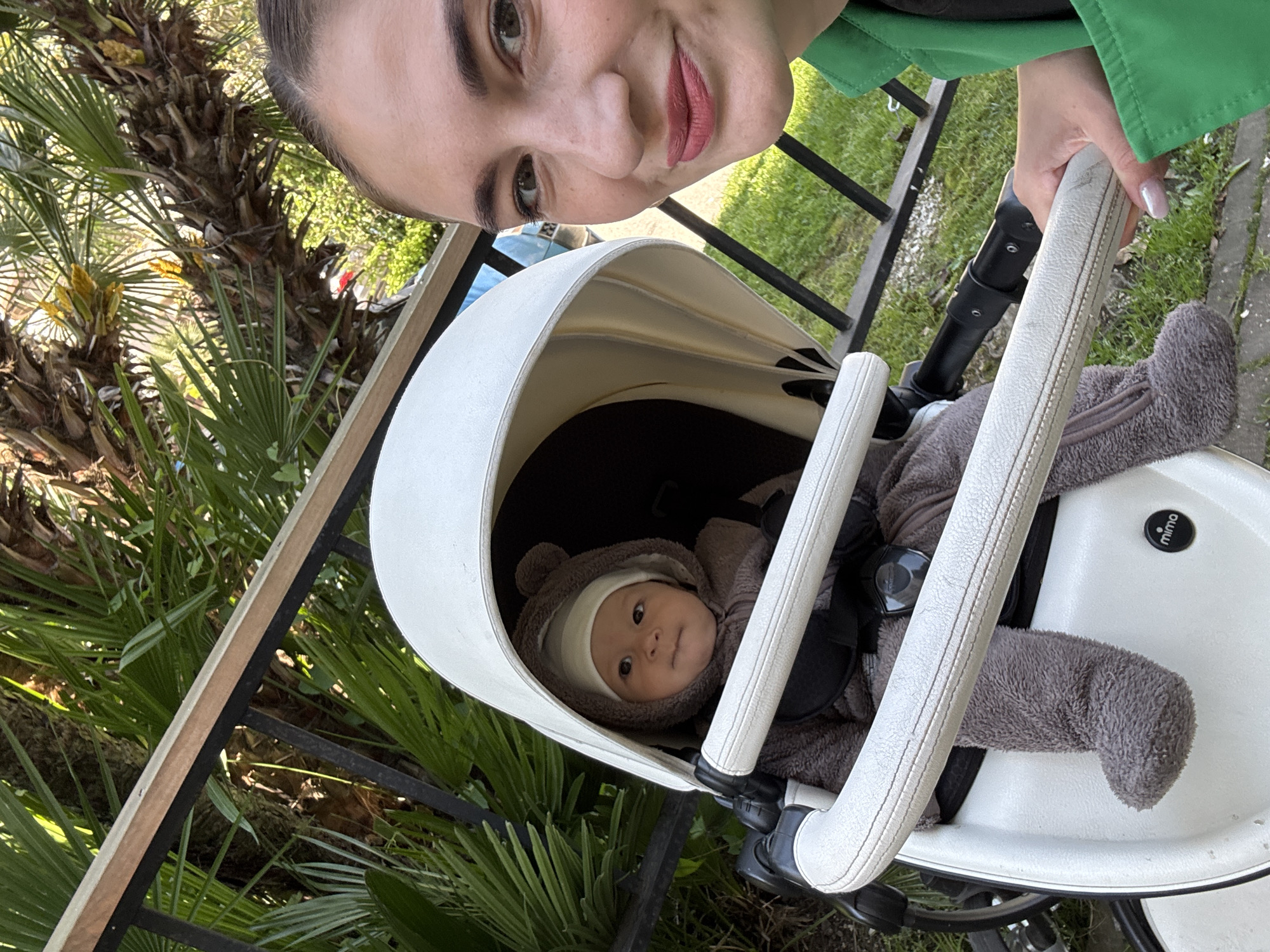 The photograph depicts a woman and an infant in a stroller. The woman, who appears to be taking the photograph, has fair skin, dark hair pulled back, and is wearing a green jacket. The infant is dressed in a brown fuzzy outfit with a hood that has bear ears, and is lying in a white stroller with a canopy. The stroller is situated near a black metal fence and lush green foliage, including palm trees. Given the presence of palm trees and the overall verdant environment, the location is suspected to be in Sochi, Russia.