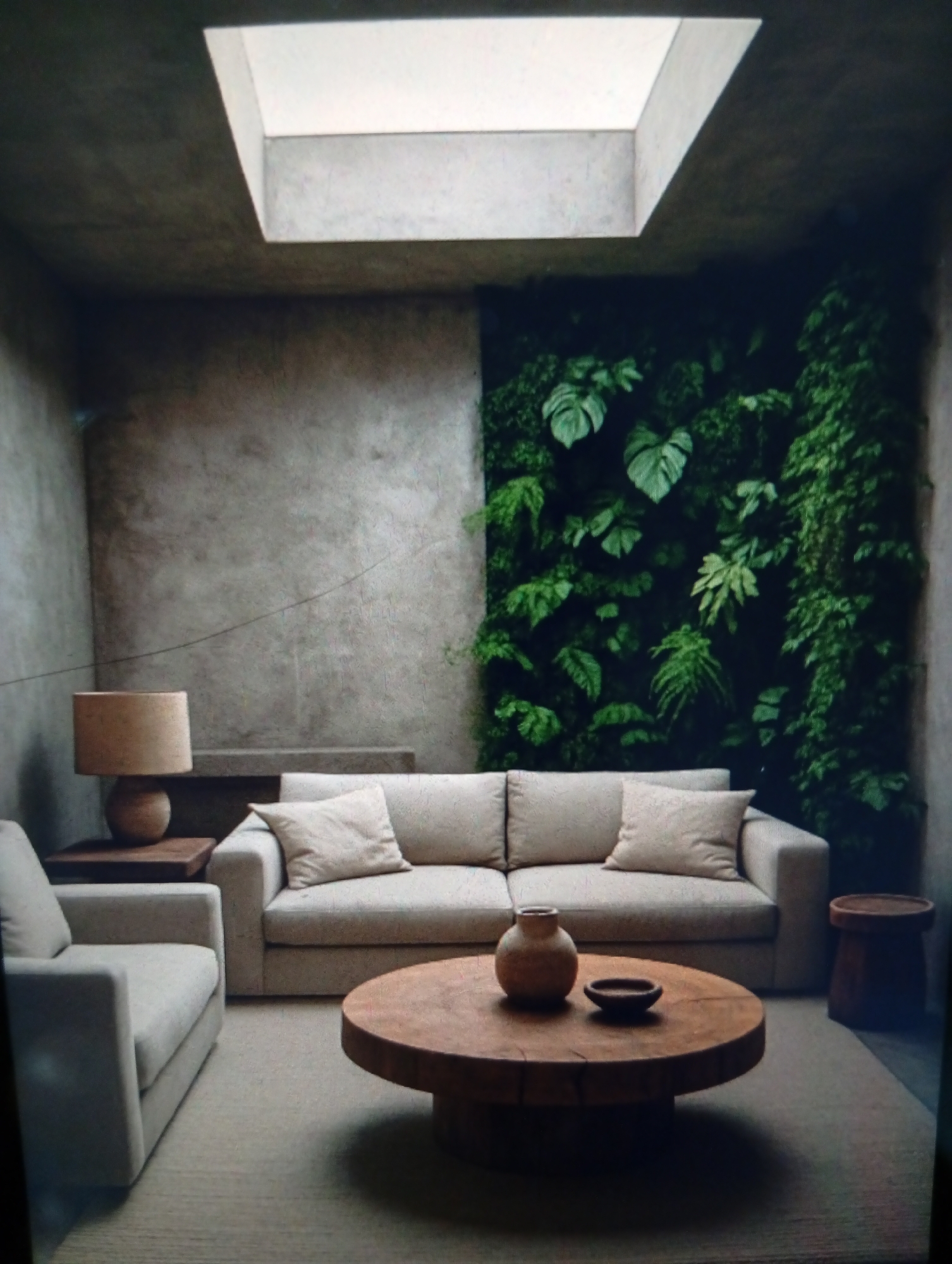 A living room with neutral tones features a sofa, armchair, and a round wooden coffee table. The table has two decorative bowls on it. A green wall with various plants is visible on the right side of the room, while a lamp sits on a side table to the left. A skylight provides natural light from above. The location is not evident from the image.