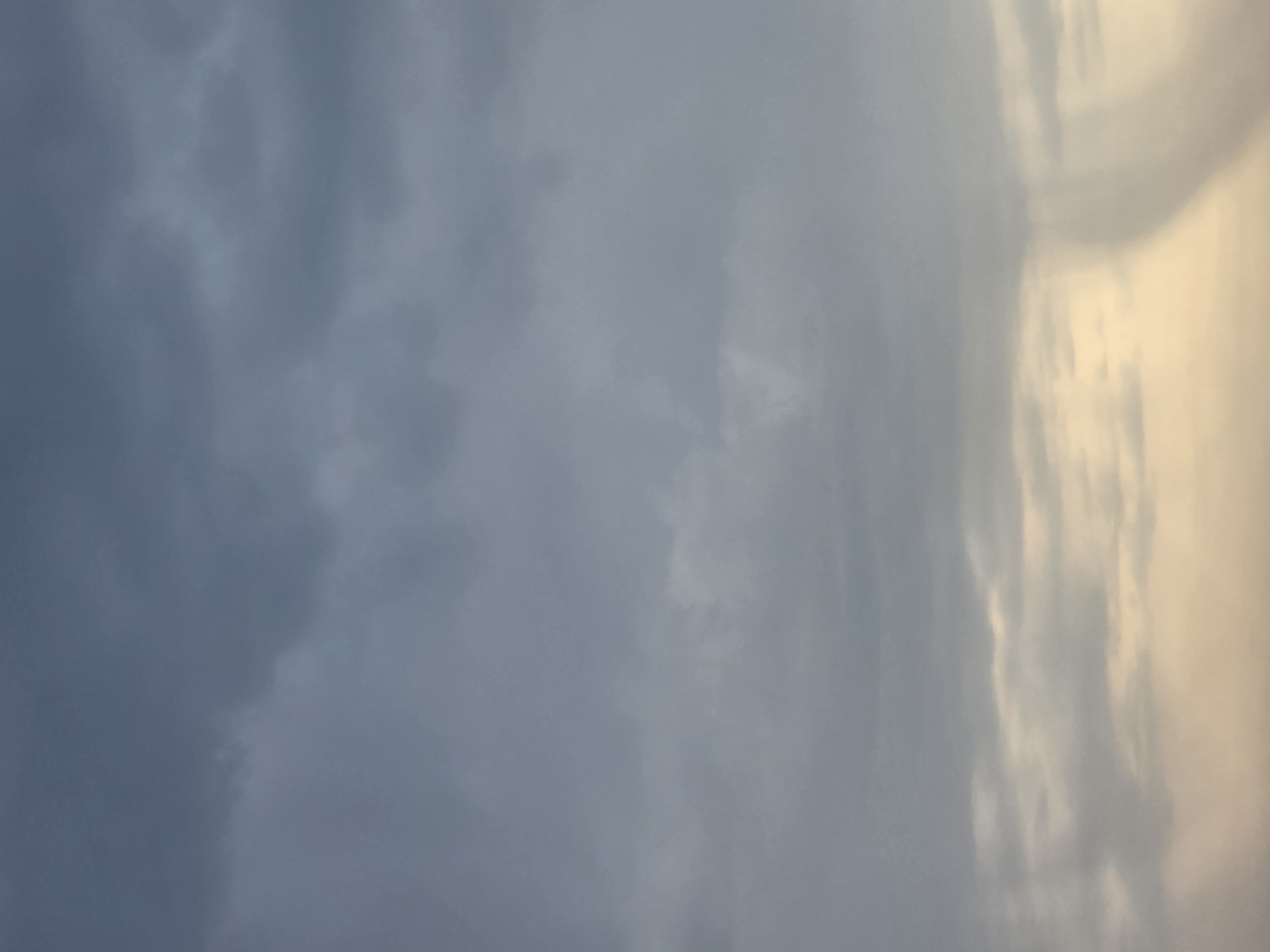 A cloudy sky over Antwerp, Belgium, shows dark grey clouds filling the upper portion of the frame. Towards the bottom, lighter, yellowish clouds are visible, with a thin, vertical shaft of rain descending from the dark clouds into the lighter ones. The image is a vertical composition with no discernible ground or structures, focusing solely on the atmospheric conditions.