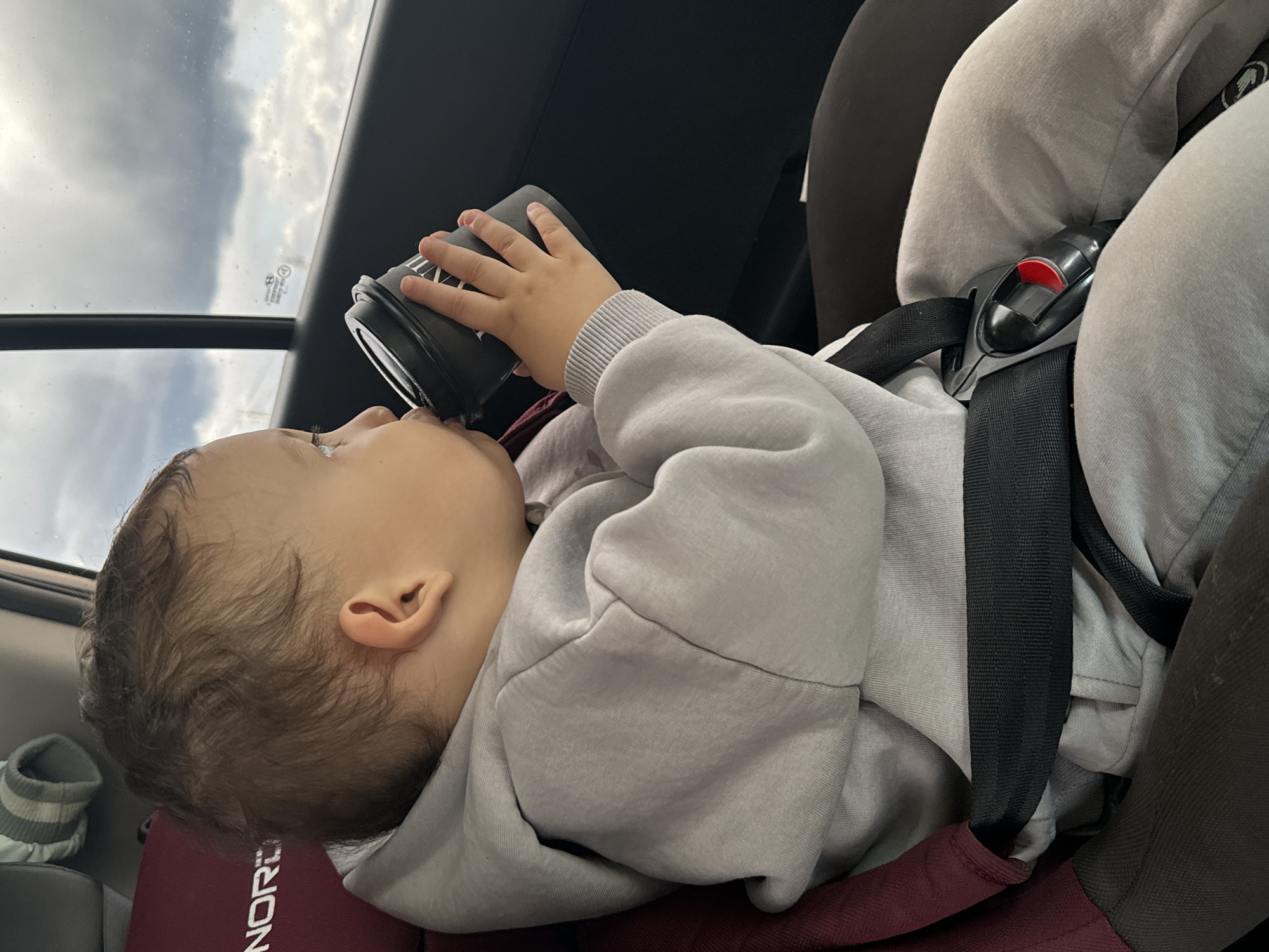 The image captures a baby or toddler secured in a car seat inside a vehicle. The child is seen from a slightly elevated, side-on perspective, looking upwards while drinking from a black sippy cup with white text. They are wearing a light grey long-sleeved hoodie or sweatshirt, with dark red or maroon fabric visible underneath and supporting their head, possibly part of the car seat or an additional pillow.
The car seat is grey and features black straps and a red push-button buckle, securely fastening the child. The child has light brown, curly hair. To the left of the child's head, a striped sock is partially visible.
Through the car's window, which is positioned above and behind the child's head, a cloudy sky is visible, indicating daytime. Small, unreadable text or a manufacturing stamp can be seen on the window glass.
Visible text includes partial white letters, possibly "VNT" or similar, on the black sippy cup. On the maroon fabric supporting the child's head, the letters "NORD" are discernible, likely part of a brand name. The scene depicts a quiet moment of the child hydrating while traveling, likely in Chaikovsky, Russia, as per the location context.