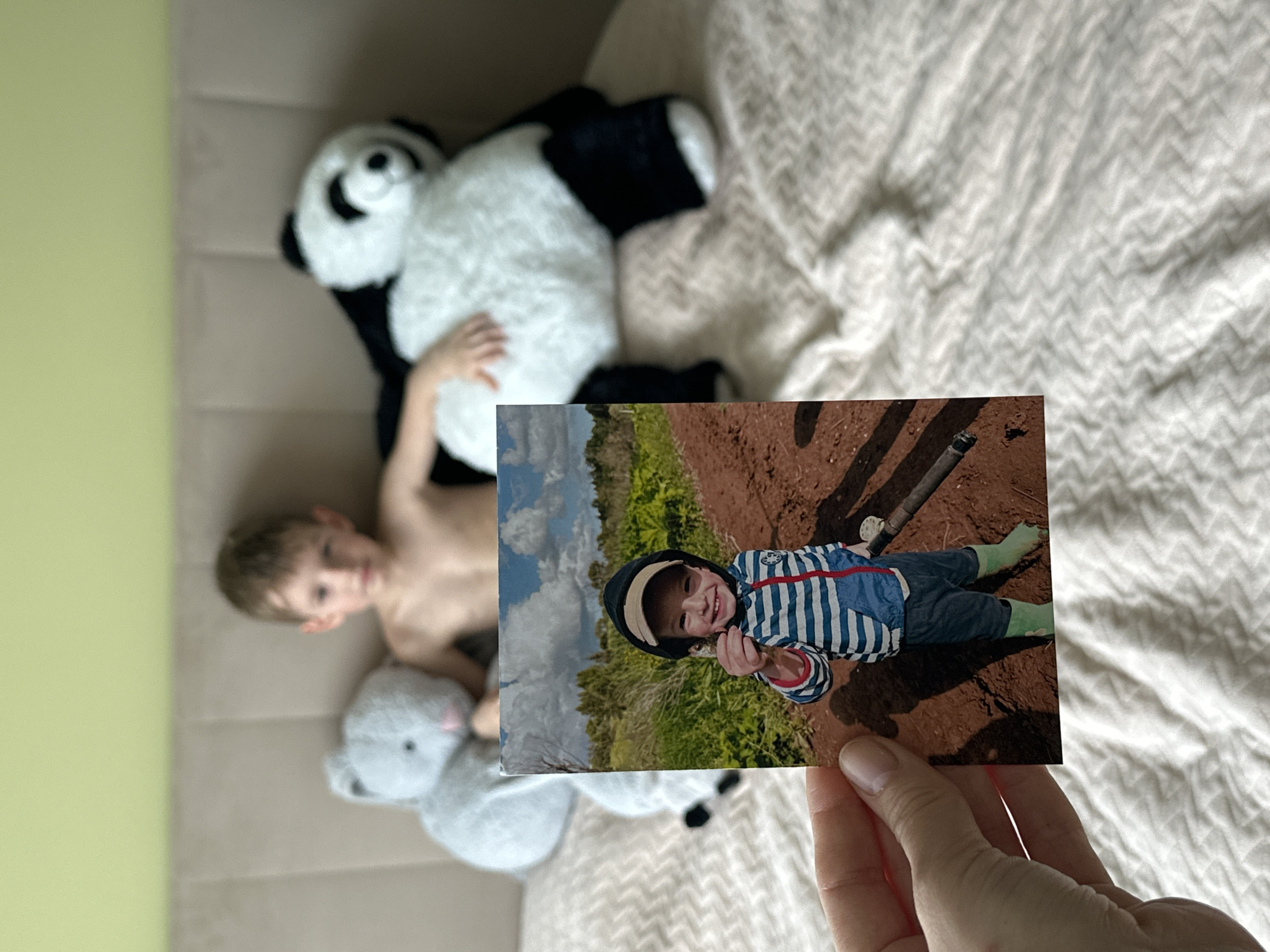 A photograph shows a Caucasian child lying on a bed with a large panda plush toy and a smaller gray rabbit plush toy. Another photograph is held up in the foreground, depicting the same child lying outdoors on the ground, wearing a striped shirt, pants, boots and a hat. The outdoor photograph shows the child lying on the ground, smiling and holding something in his hand. The bed is covered with a white chevron patterned bedspread. The background consists of a light green wall. The location is likely a home in the city of Chaikovsky, Russia based on the request.