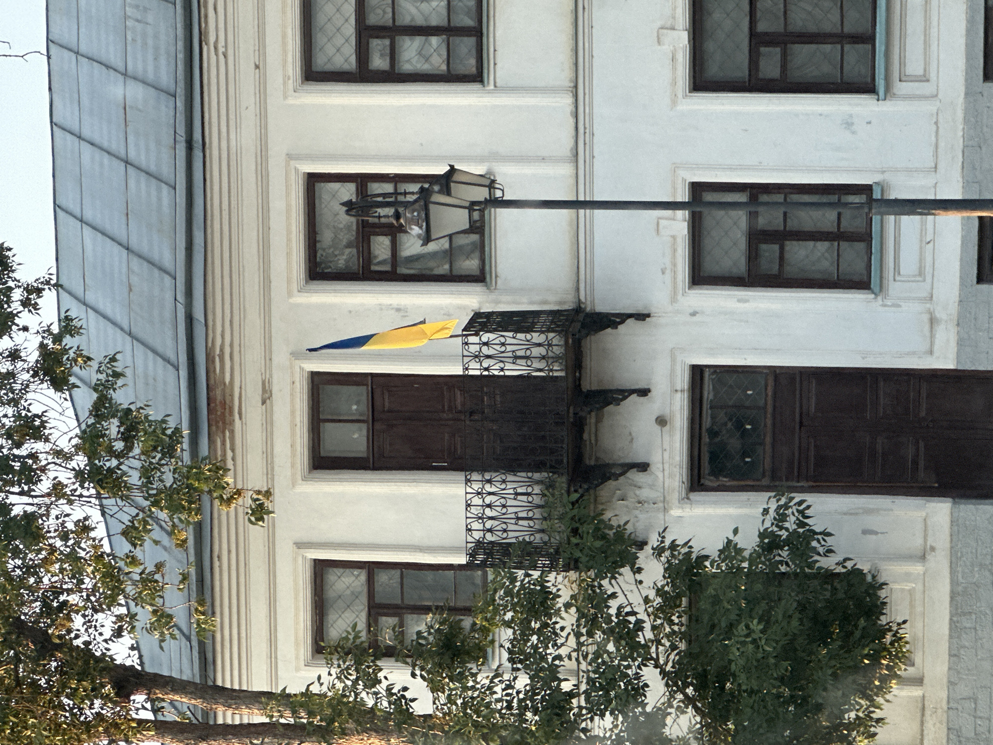 A medium shot captures the facade of a white, two-story building with a gray metal roof. The building is adorned with a Ukrainian flag, a dark metal balcony, a lamppost, and a tree with green foliage. The facade features a row of dark brown windows with decorative grids and a central dark brown door on the upper level, accessed by the balcony. Another dark brown door is visible on the lower level. The building's exterior shows some signs of wear, including peeling paint above the upper windows. The lamppost, a classic design with two lights, stands to the right of the balcony. The tree on the left side of the frame partially obscures the building. The overall scene appears to be in Kamianets-Podilskyi, Ukraine, given the presence of the Ukrainian flag and architectural style.