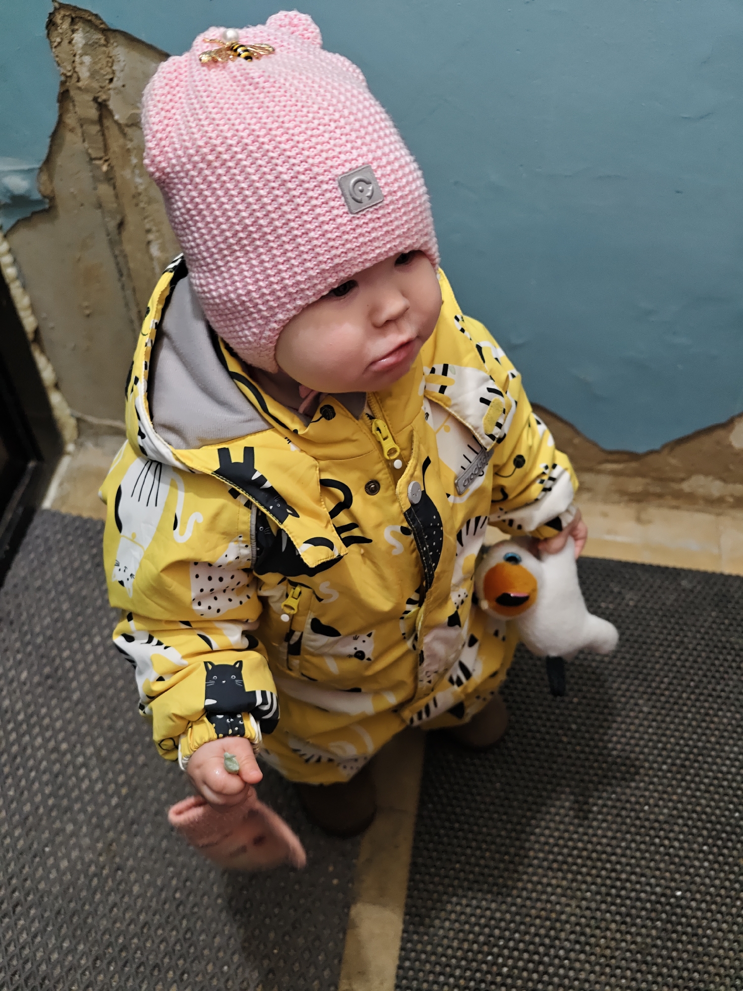 A toddler stands indoors in Chaikovsky, Russia, wearing a pink knitted hat with a bee embellishment and a yellow jacket patterned with cats. The jacket has a light gray hood and a zippered front. The child holds a small, white stuffed bird in one hand and a pink mitten and a small green object in the other. The flooring is dark gray. Behind the child are walls, painted blue at the top and brown at the bottom, with visible paint deterioration.