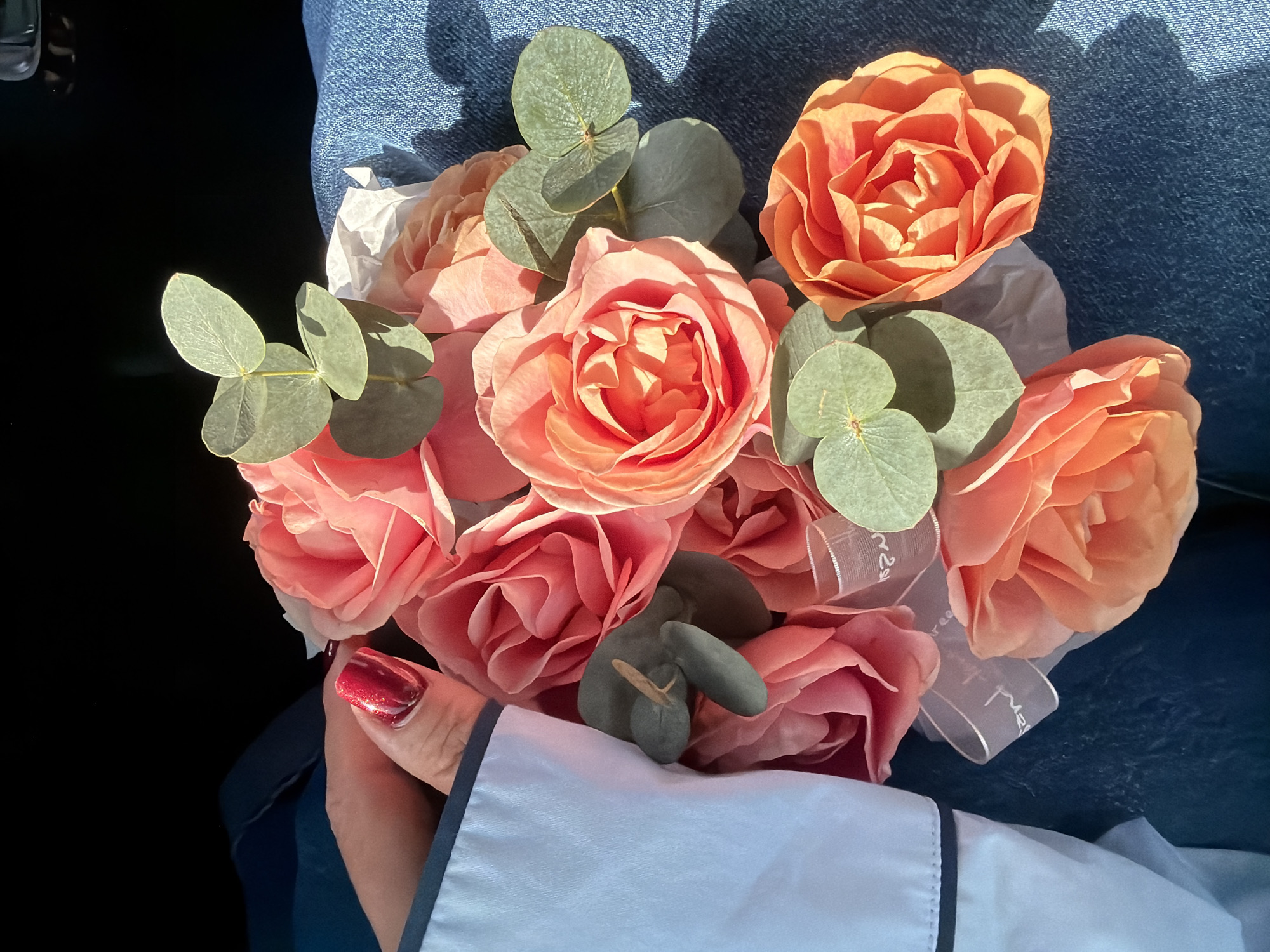 The image displays a close-up, top-down perspective of a floral bouquet observed in Kukui, Russia. The bouquet primarily consists of numerous roses in various shades of peach, pink, and orange, interspersed with several sprigs of round, silvery-green eucalyptus leaves. White tissue paper and a sheer white ribbon featuring faint, illegible cursive script are visible within the arrangement. The bouquet rests upon blue denim fabric, consistent with jeans, on a person's lap. To the left, a light-skinned hand with glossy red fingernail polish is visible, positioned near the flowers. The individual is wearing a white garment with a dark-trimmed cuff. Strong, directional sunlight illuminates the scene, casting distinct shadows across the flowers and denim. The upper-left background is dark and indistinct.