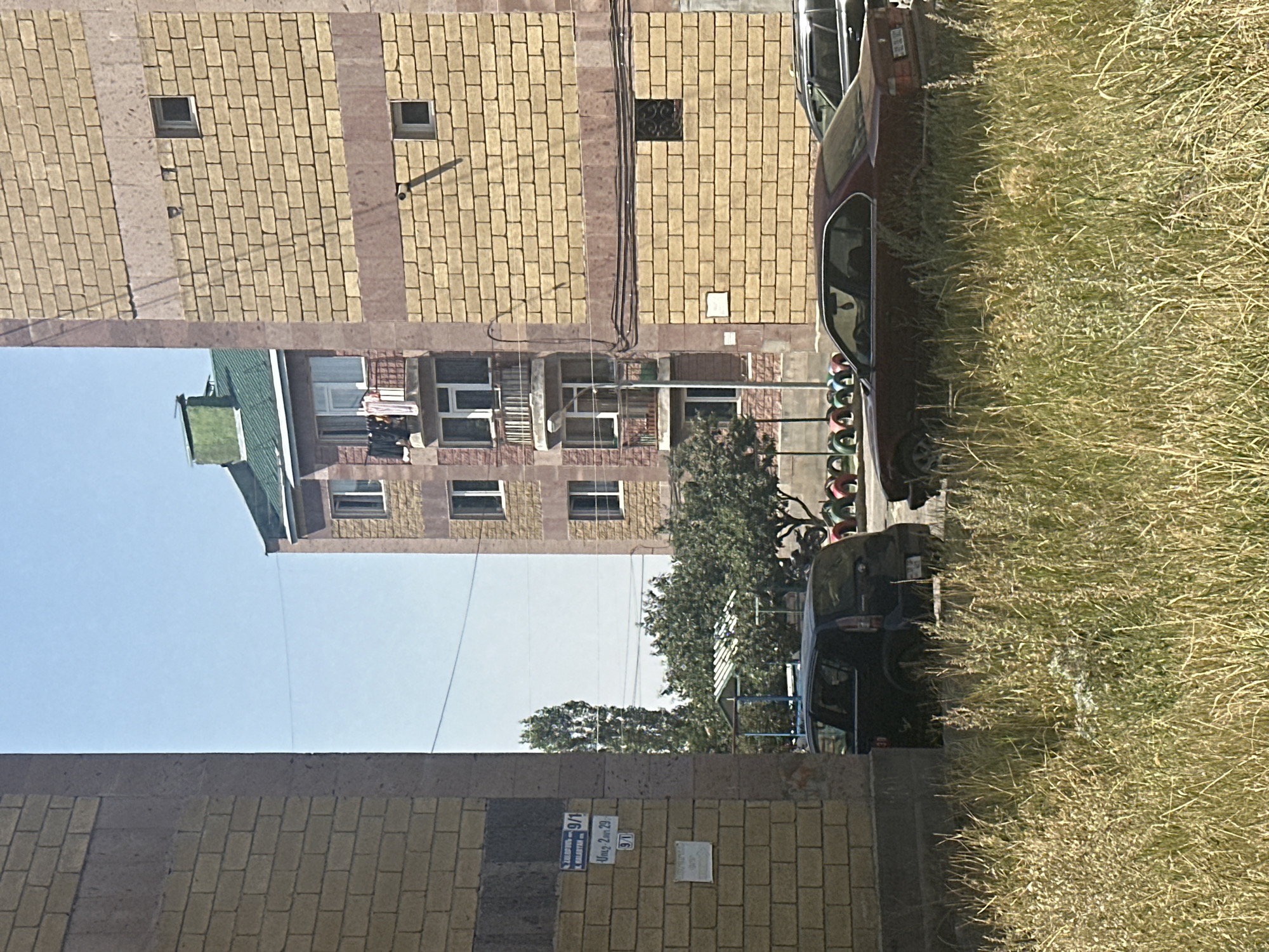The image depicts a street scene in the city of Gyumri, Armenia, likely in a residential area. In the foreground, tall, dry grass and weeds dominate, obscuring much of the lower parts of the scene. Two cars are partially visible: a dark-colored hatchback on the left and a maroon sedan on the right. Both appear to be parked.
Behind the grass and cars, a multi-story apartment building is visible, constructed with yellow bricks and accented with bands of darker stone. Some of the windows have balconies with laundry hanging out to dry. The building has a green roof with a visible chimney or vent.
To the left of the apartment building, another section of a yellow brick building is present, closer to the viewer. A blue street sign is affixed to this building, displaying text in Armenian, including "9/1" and "29".
In the background, more trees and foliage are visible, along with a glimpse of another building and what appears to be a small playground structure. The sky is clear and blue. The overall impression is a somewhat unkempt urban environment.