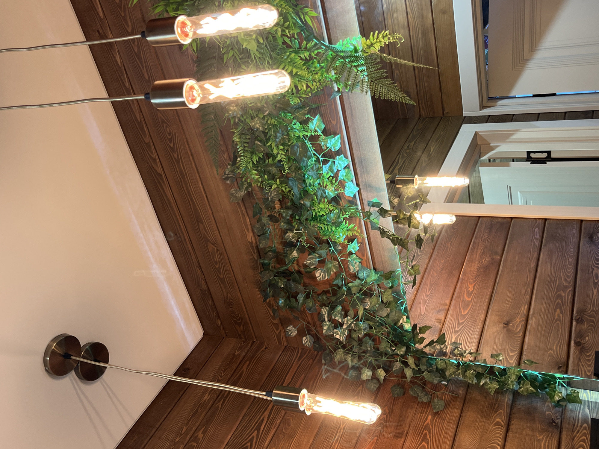 The image shows a ceiling with a decorative arrangement of light fixtures and artificial greenery. Three pendant lights are visible, each with a cylindrical metal base and a long, exposed filament bulb. The bulbs are lit, casting a warm glow. The lights are suspended from the ceiling, which is finished with dark wooden planks.
Artificial ivy and fern fronds are draped along the wooden ceiling, adding a touch of nature to the interior. The greenery is concentrated around the light fixtures. In the background, there is a glimpse of a white door and frame. The overall impression is that of a modern, stylized interior with a rustic touch.
There is no indication of a location in the city of Neftekamsk, Russia, or any information about people, subjects, objects, actions, or interactions. The description is limited to the visual elements present in the image.