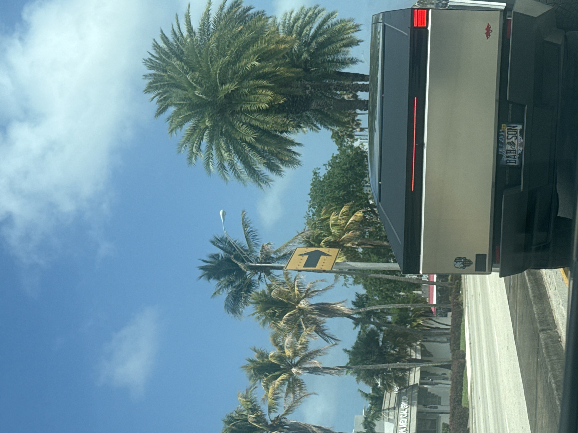 The image shows a view from a vehicle, likely a car, on a road in North Miami Beach, Florida. Palm trees line the street against a blue sky with scattered clouds. A road sign with a left-pointing arrow is visible among the trees. The rear of a gray pickup truck is prominently in the foreground. The license plate on the truck reads "BAB4SON". A small sticker of a skull is seen on the lower left part of the truck. The road appears to be paved and has a concrete curb. The building "APA MEDICAL GROUP" is seen among the trees.