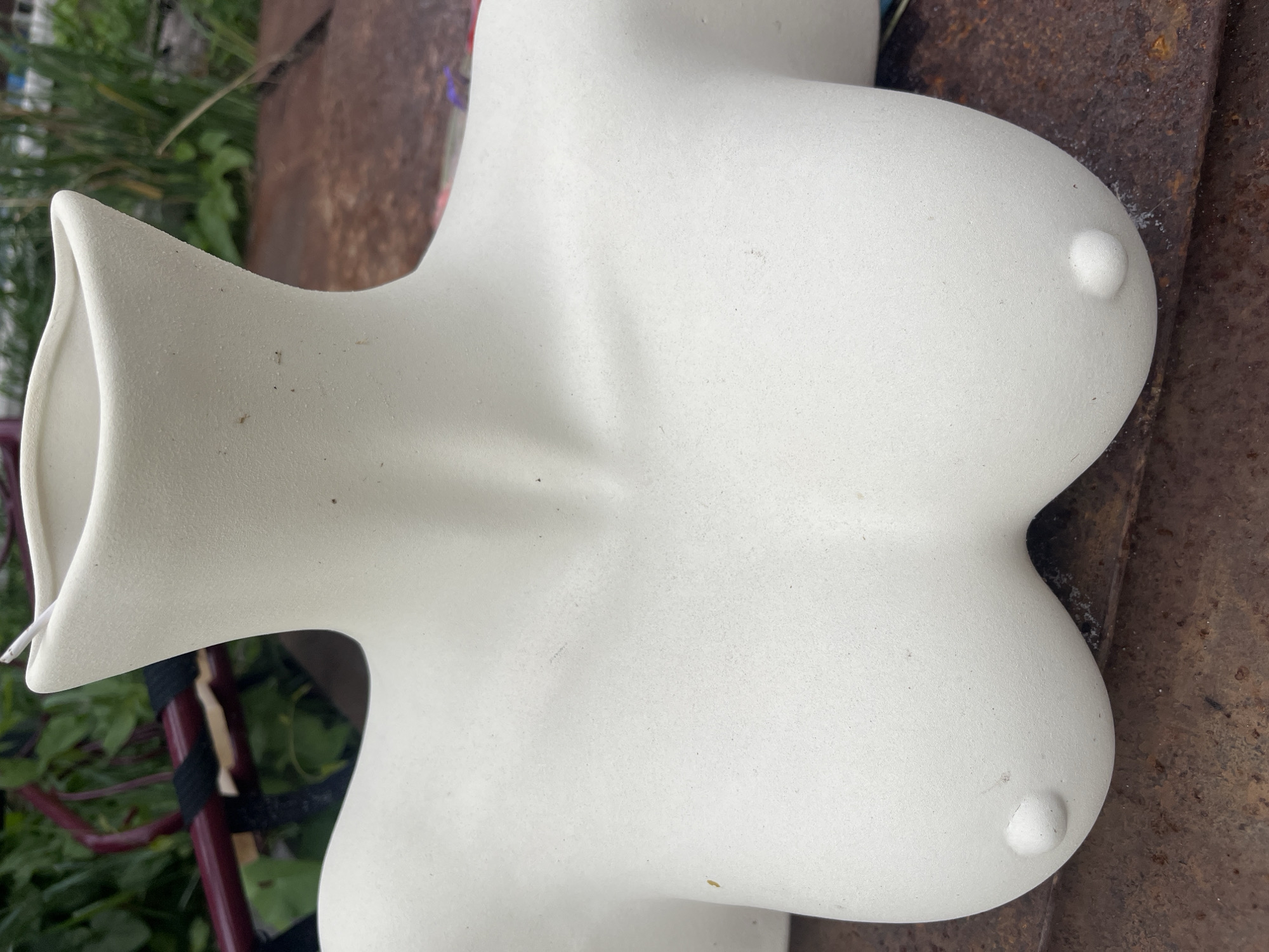 The image shows a close-up of a white, bust-shaped mannequin torso, likely made of plastic or fiberglass, resting on a rusty metal surface. The torso is positioned vertically, with the neck opening facing upwards and to the left. The breasts are prominently featured, with small, rounded protrusions representing nipples. The surface on which the mannequin rests is rough and textured, suggesting an outdoor or industrial setting. In the background, out-of-focus greenery and a reddish-brown, possibly wooden, object are visible, hinting at a natural or slightly dilapidated environment. There is no discernible activity taking place; the mannequin is stationary. The lighting appears to be natural, suggesting daytime. No text is visible in the image. The overall impression is one of an unfinished or discarded object in a utilitarian setting.