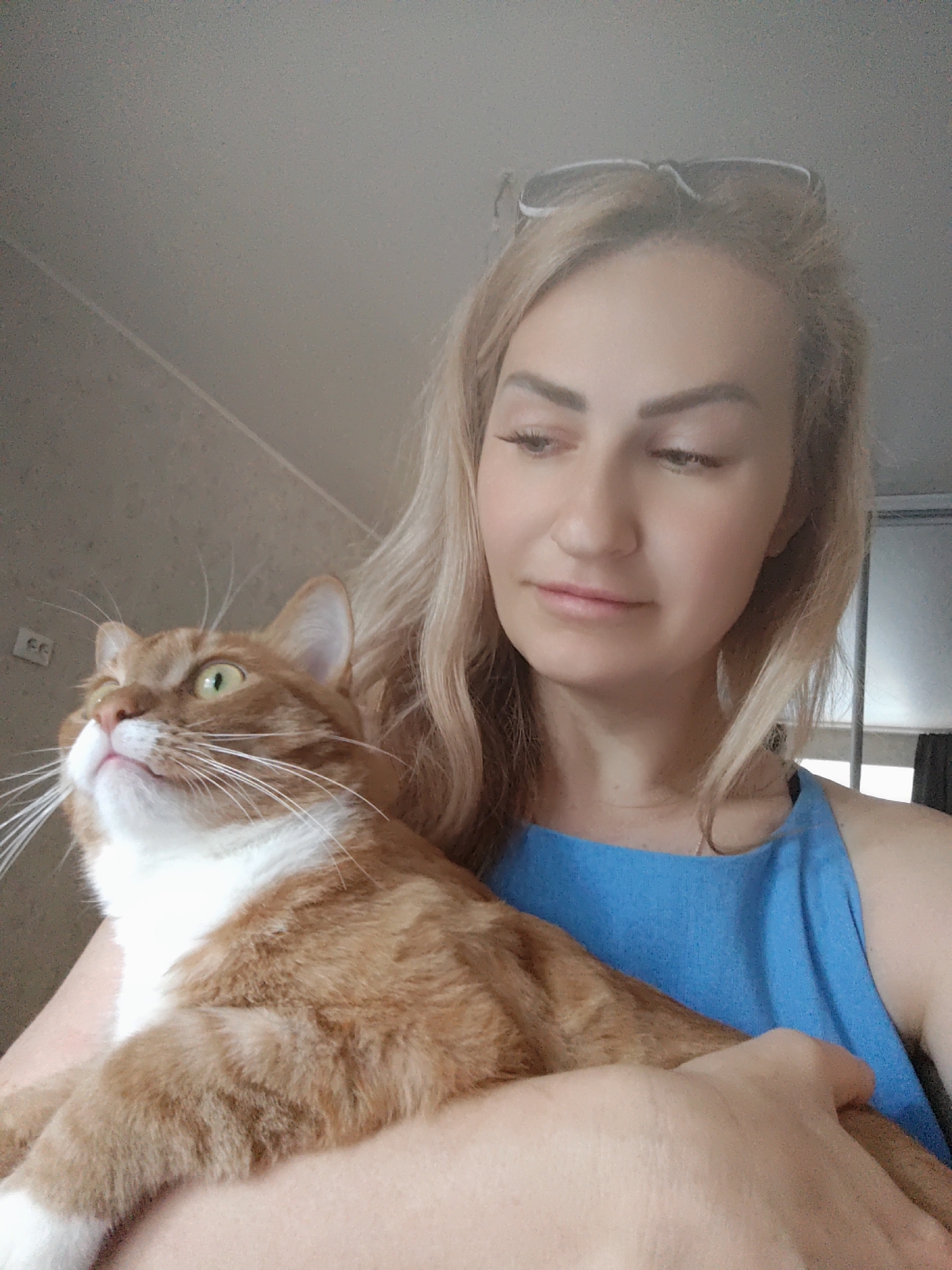 An indoor, head-and-shoulders selfie shows a fair-skinned woman with blonde hair, wearing a blue top, holding an orange tabby cat. The woman is looking down and to the left. Her sunglasses are resting on the top of her head. The cat is looking up and to the left, with its mouth slightly open. The background appears to be a wall with a light switch and a thin horizontal line, possibly a seam or crack. The overall lighting suggests an indoor environment during the day. The location is identified as Borovsk, Russia.