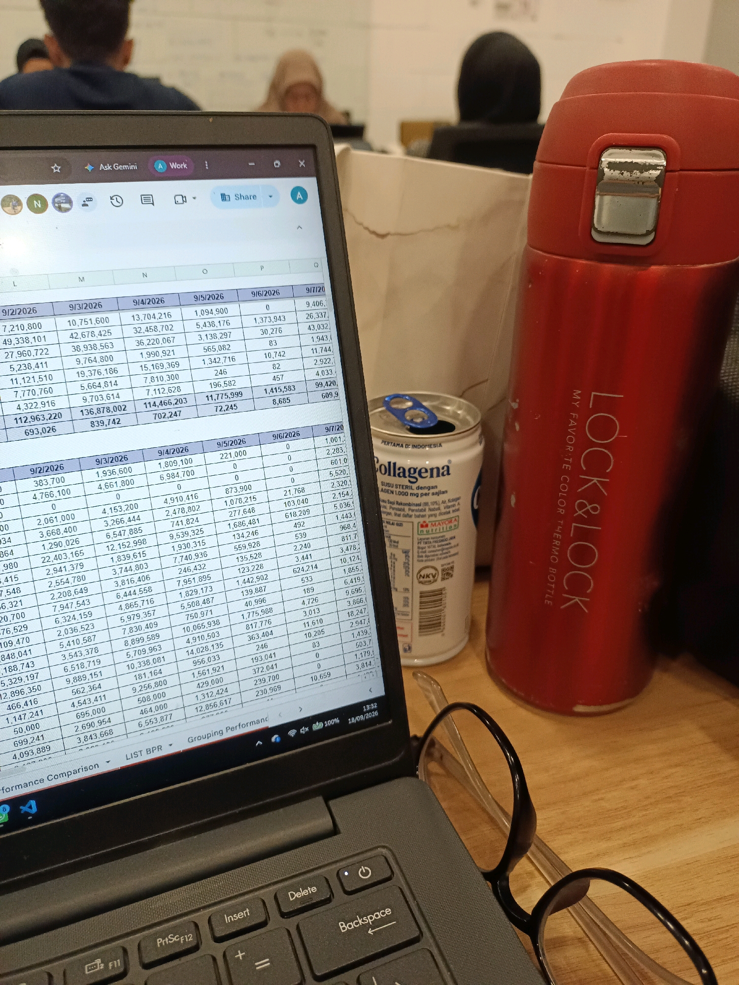 The image shows a close-up of a laptop with a spreadsheet open, placed on a wooden desk. A red thermo bottle and a can of "Collagena" are positioned to the right of the laptop. A pair of glasses rests on the desk in the foreground. In the background, two individuals are visible, partially blurred, suggesting they are in a public or shared workspace. The laptop screen displays financial data with dates and numerical values. The overall setting appears to be an office or a study area. The presence of the "Ask Gemini" tab on the laptop suggests the user might be interacting with an AI assistant. No specific location in South Jakarta, Indonesia is identifiable from the image.