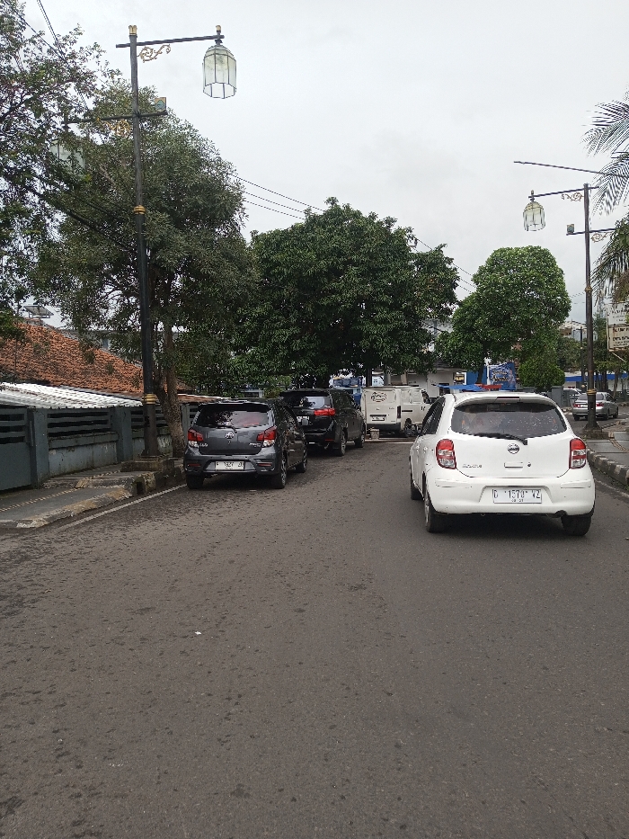 The image depicts an urban street scene under an overcast sky. An asphalt road, appearing damp or stained, occupies the foreground and midground. In the midground, a white Nissan March hatchback is positioned on the right side of the road, facing away from the viewer. Its rear license plate reads "D 1573 VZ". A blue light reflector or accessory is affixed to its rear roofline. On the left side of the road, a dark gray hatchback, possibly a Toyota Agya, is parked parallel to a concrete curb, displaying the rear license plate "F 1321 JN". Behind it, a black SUV is partially visible, also parked. Further into the background, a white utility van and additional vehicles are discernible.
The left side of the street features a low, dark gray concrete wall, behind which a building with a reddish-brown tiled roof and white corrugated metal awnings is visible. Several dense green trees line the street on both sides. Two black streetlights with ornate gold accents and white, hexagonal, cage-like lantern fixtures are prominent; one is on the left side of the road, and another is further down the street on the right. Overhead power lines traverse the upper portion of the scene. No individuals are visible. While the prompt specifies the location as Kodarapalli, India, the visible license plate formats are consistent with vehicle registrations from Indonesia, not India.