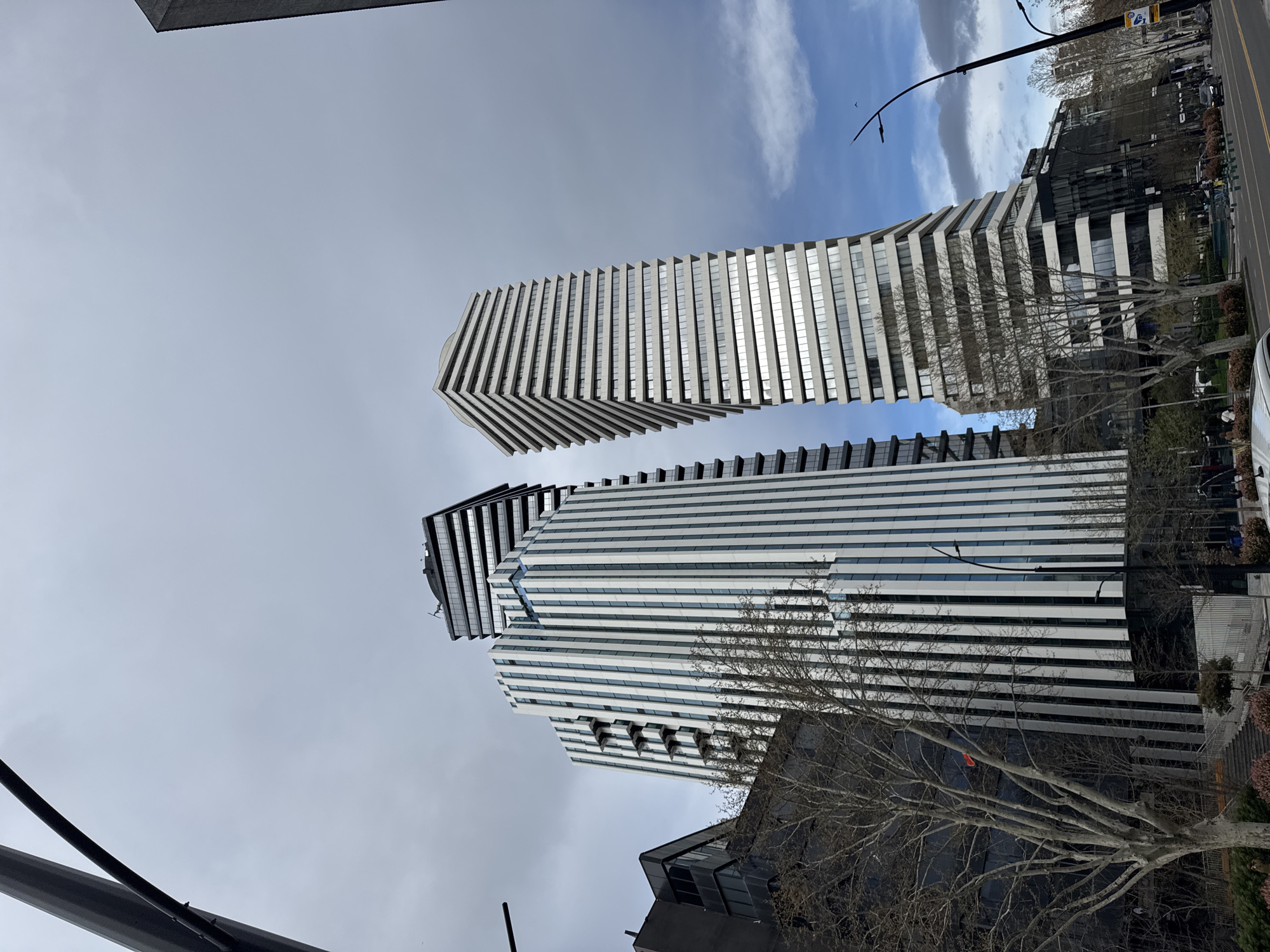 The image shows two tall, modern buildings in Tbilisi, Georgia. The buildings are characterized by their striped, horizontally patterned facades, consisting of alternating white and dark bands. The sky above is partly cloudy with visible blue patches. Trees with bare branches frame the lower parts of the buildings, and a street lamp is visible in the foreground on the left. Other buildings and street scenes are visible in the background.